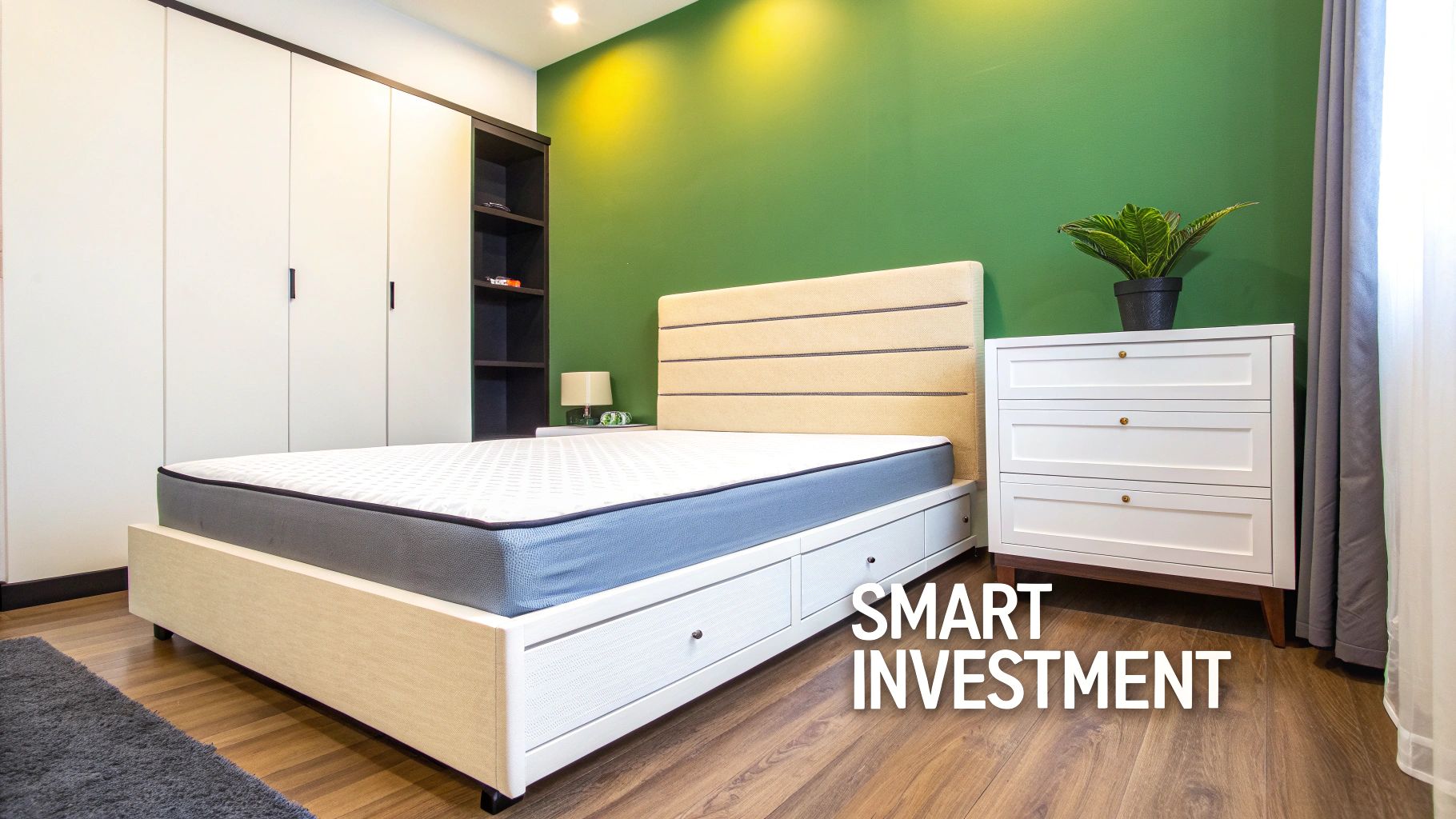 A modern bedroom interior featuring a bed with storage, wardrobe, dresser, and a green accent wall.