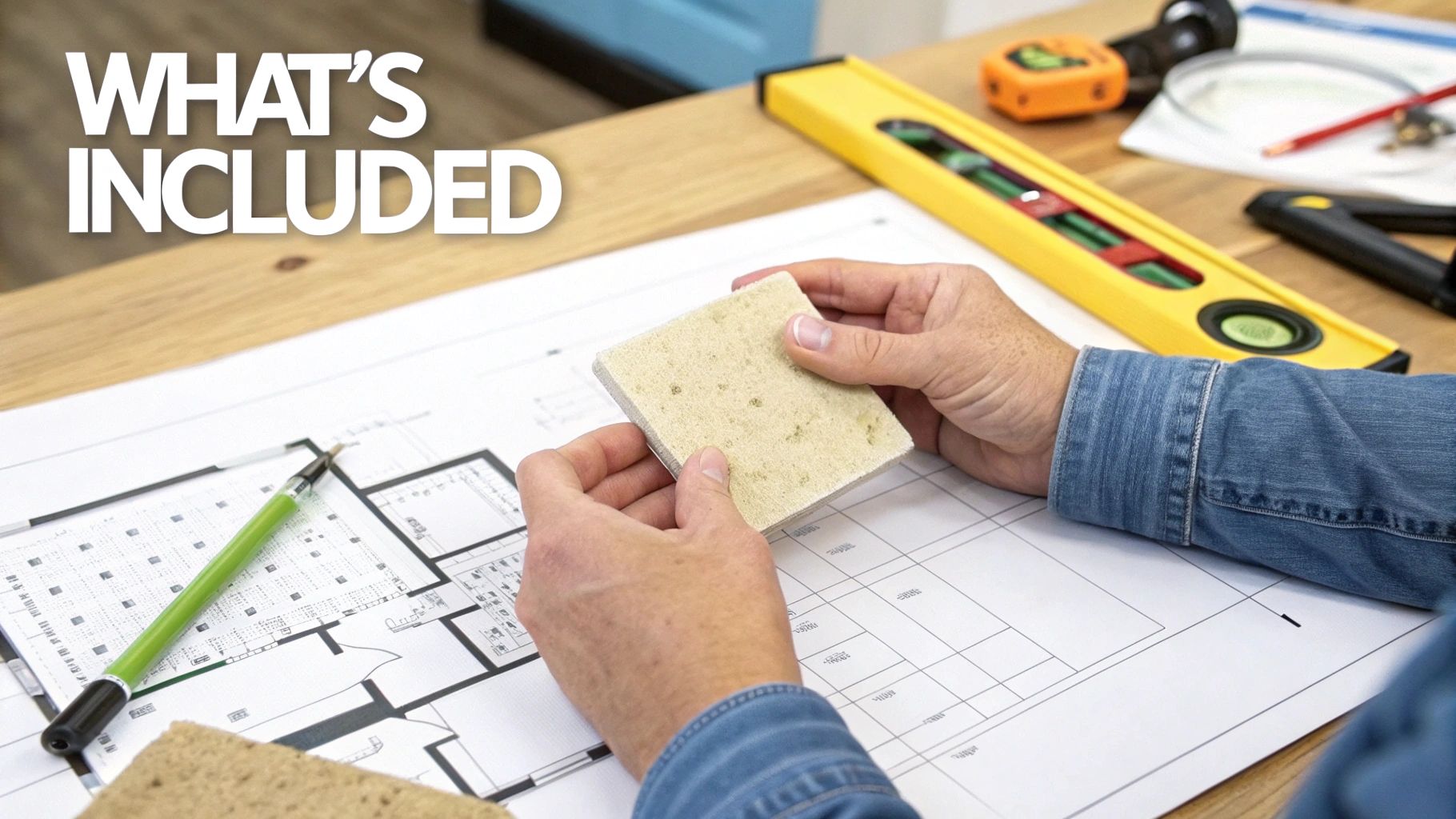 Hands holding a material sample over architectural blueprints, surrounded by renovation and drafting tools.