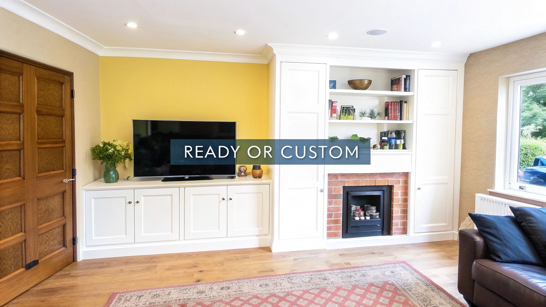 A split image showing a standard ready-made cabinet on one side and a custom-built cabinet fitting a specific nook on the other.