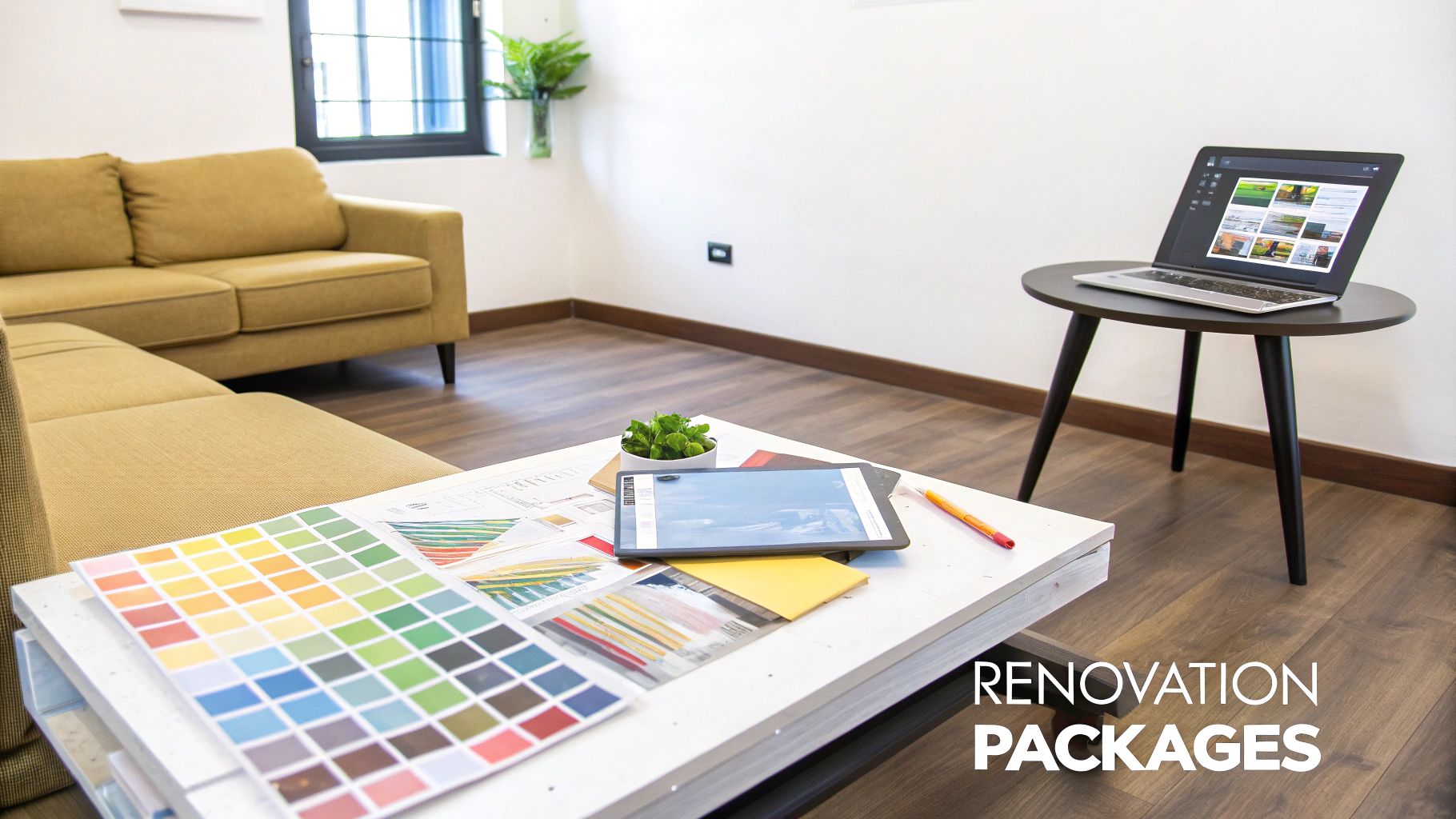 A modern living room with a yellow sofa, design tools on a coffee table, and a laptop, promoting renovation packages.