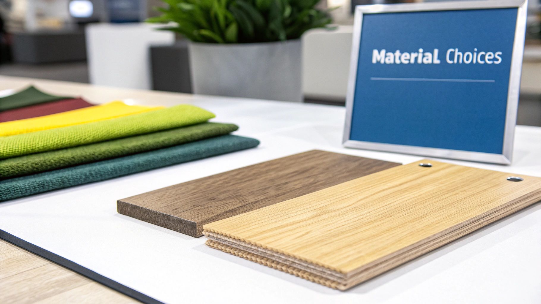 A close-up of different wood material samples and fabric swatches for a custom bed frame.