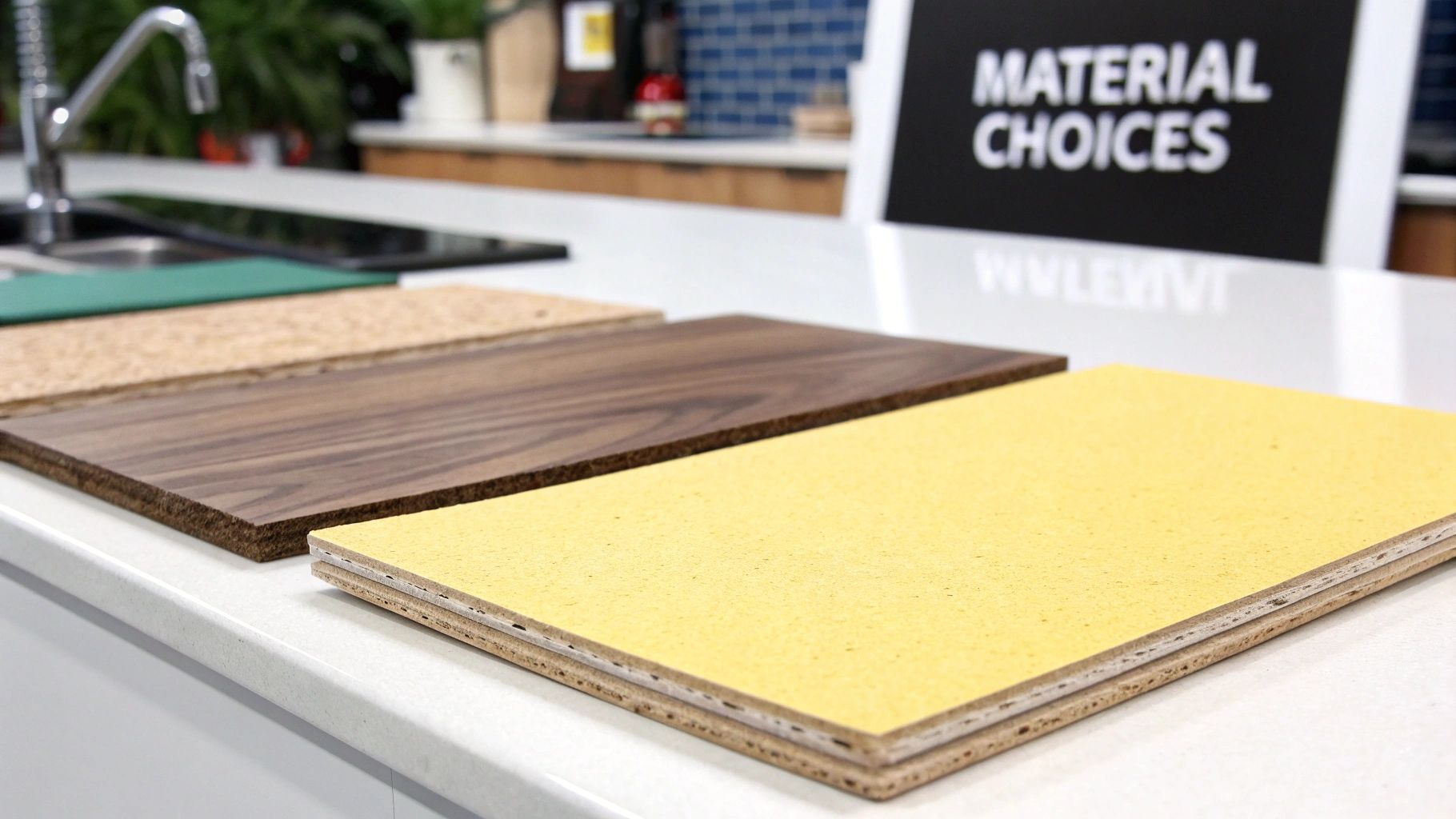 A close-up of different kitchen cabinet material samples.