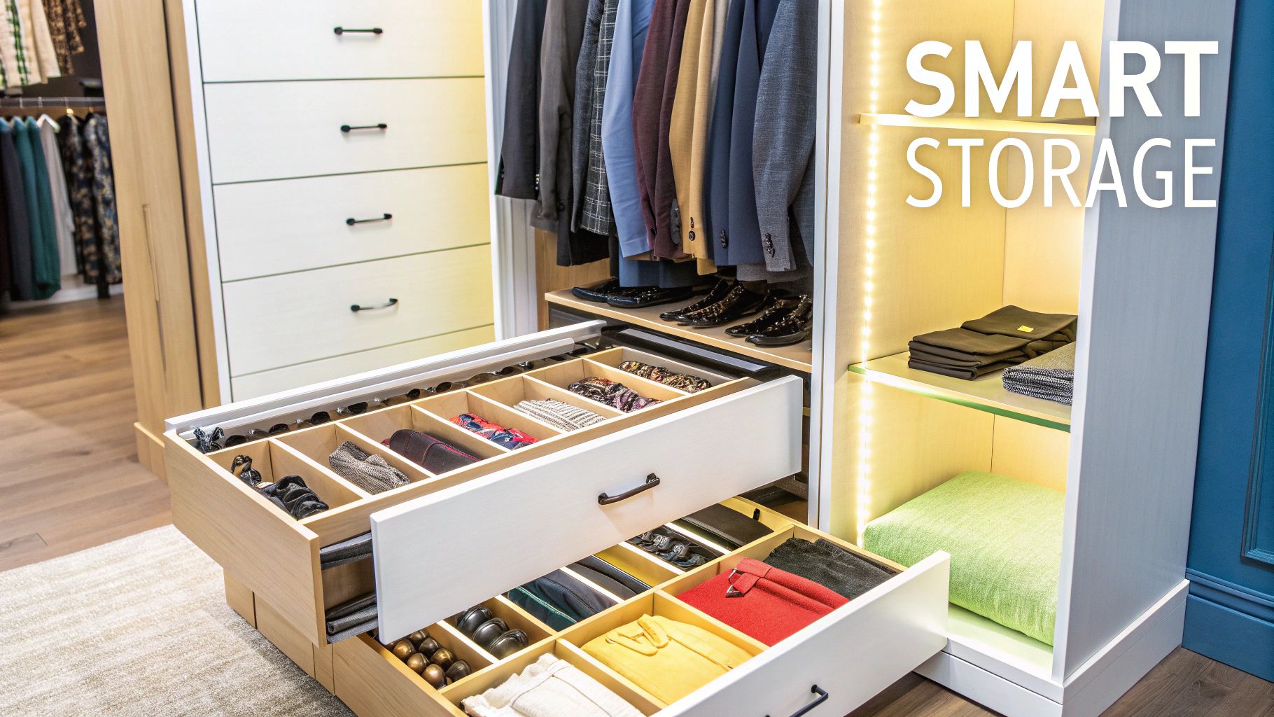 A close-up of a well-organised custom wardrobe with integrated LED lighting, pull-out drawers, and accessory compartments.
