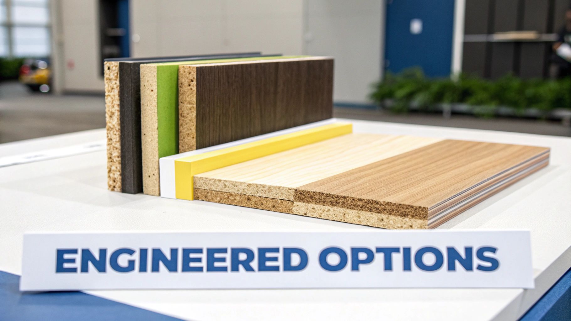 A display of diverse engineered wood samples, showcasing various cores, textures, and colorful finishes.