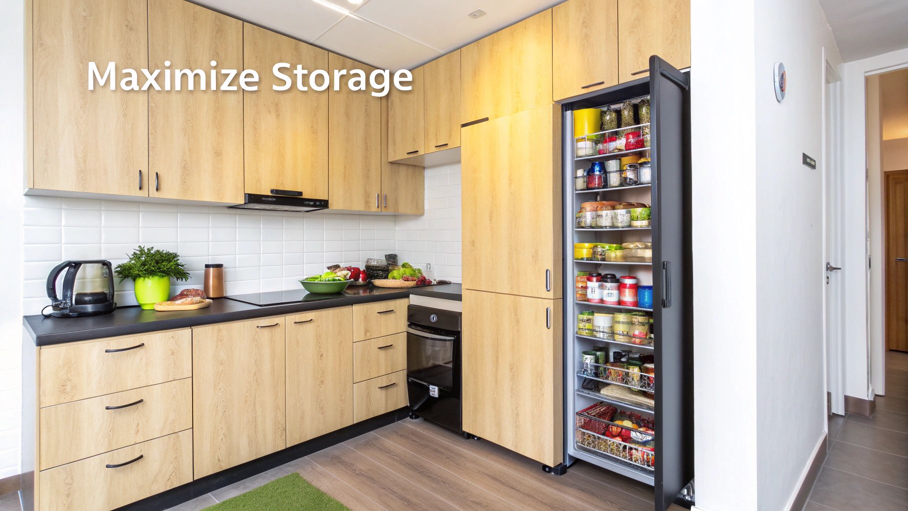 A modern kitchen with light wood cabinets, black counters, and a fully stocked pull-out pantry.