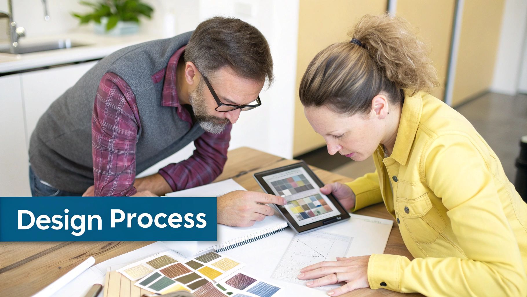 A designer and client collaborating over blueprints and material samples for a custom furniture project.
