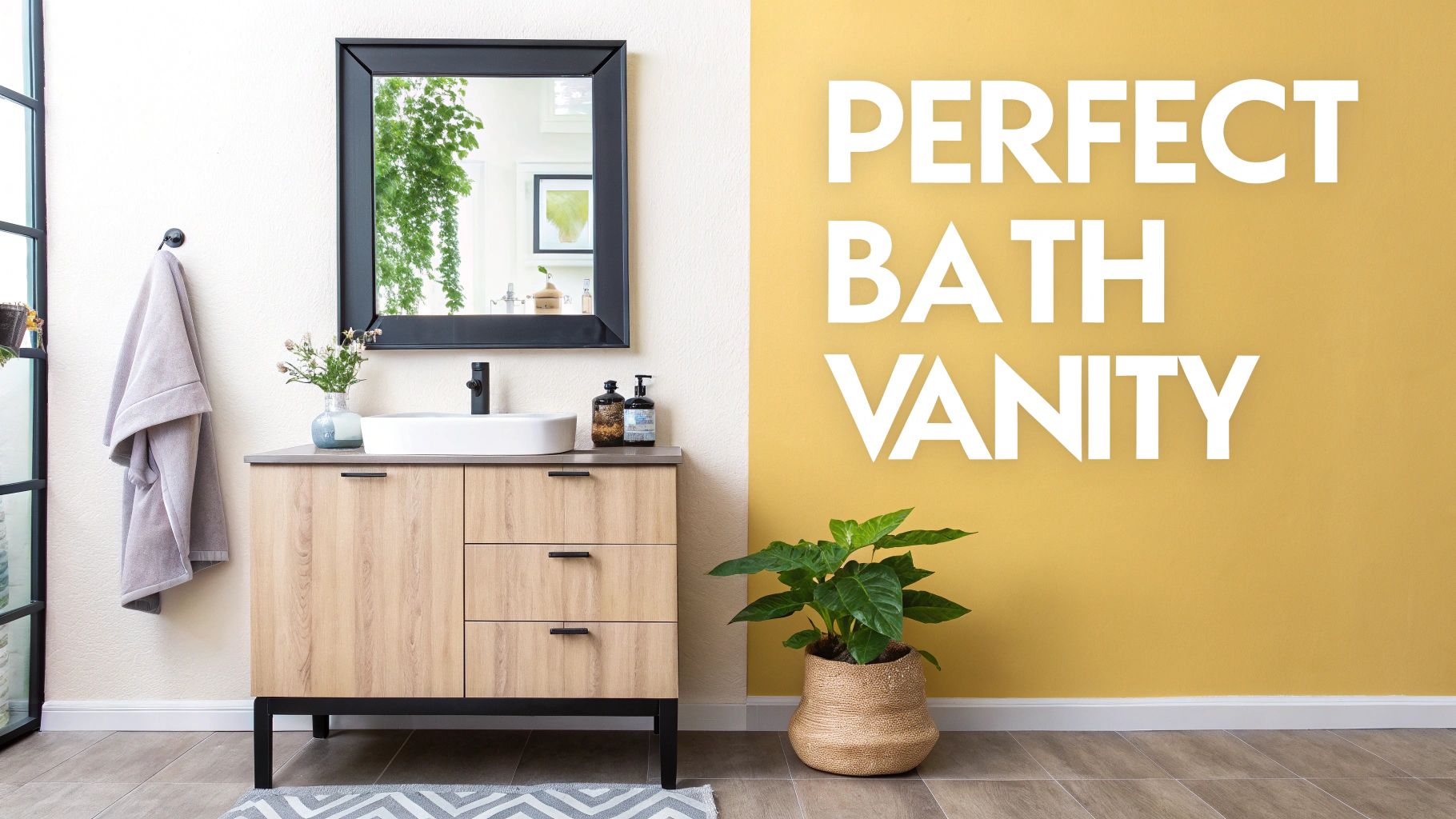 A stylish modern bathroom featuring a light wood vanity, vessel sink, mirror, and yellow accent wall.