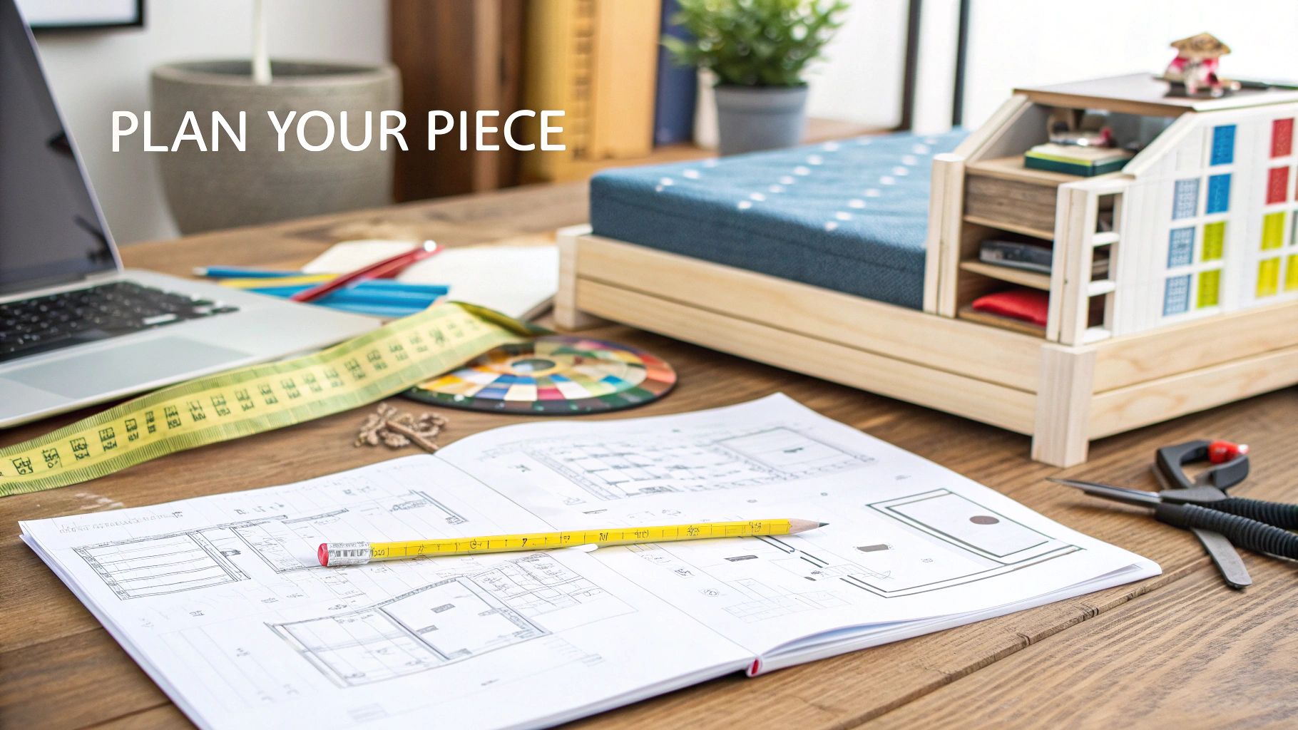 A designer sketching custom furniture plans on a wooden desk with material samples nearby.