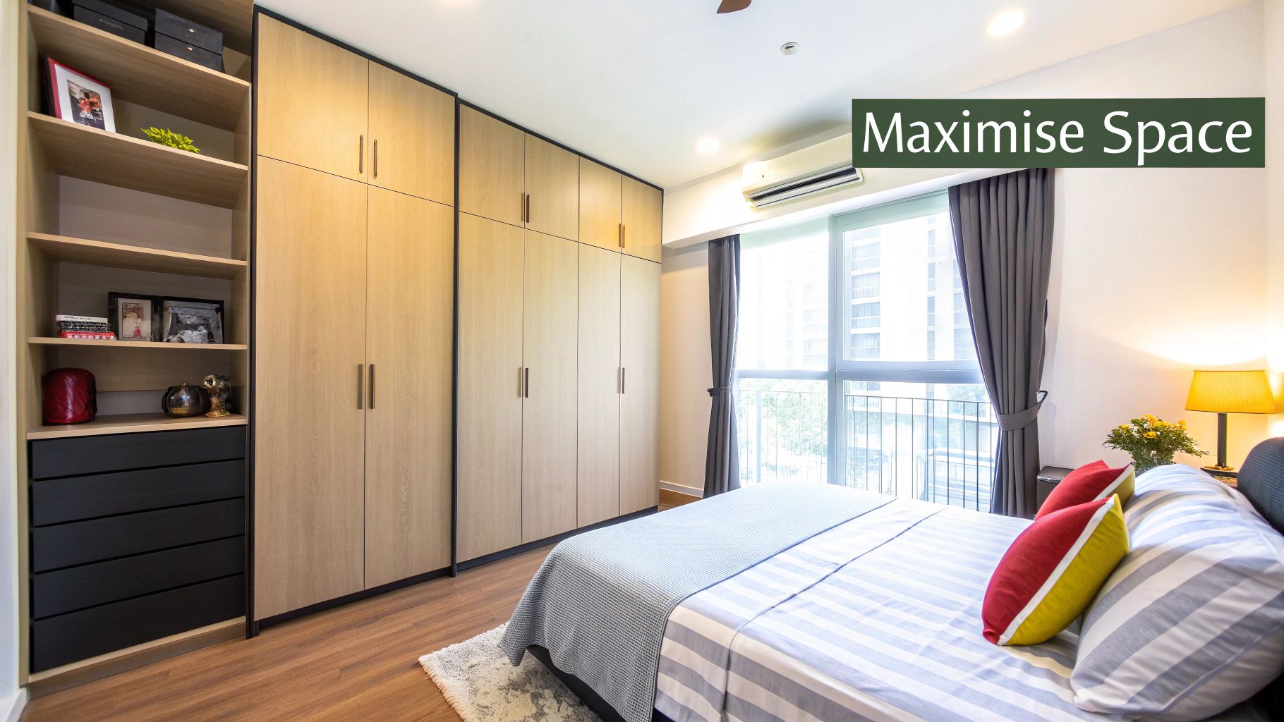 A modern bedroom featuring a floor-to-ceiling built-in wardrobe, open shelves, and a cozy bed by a window.