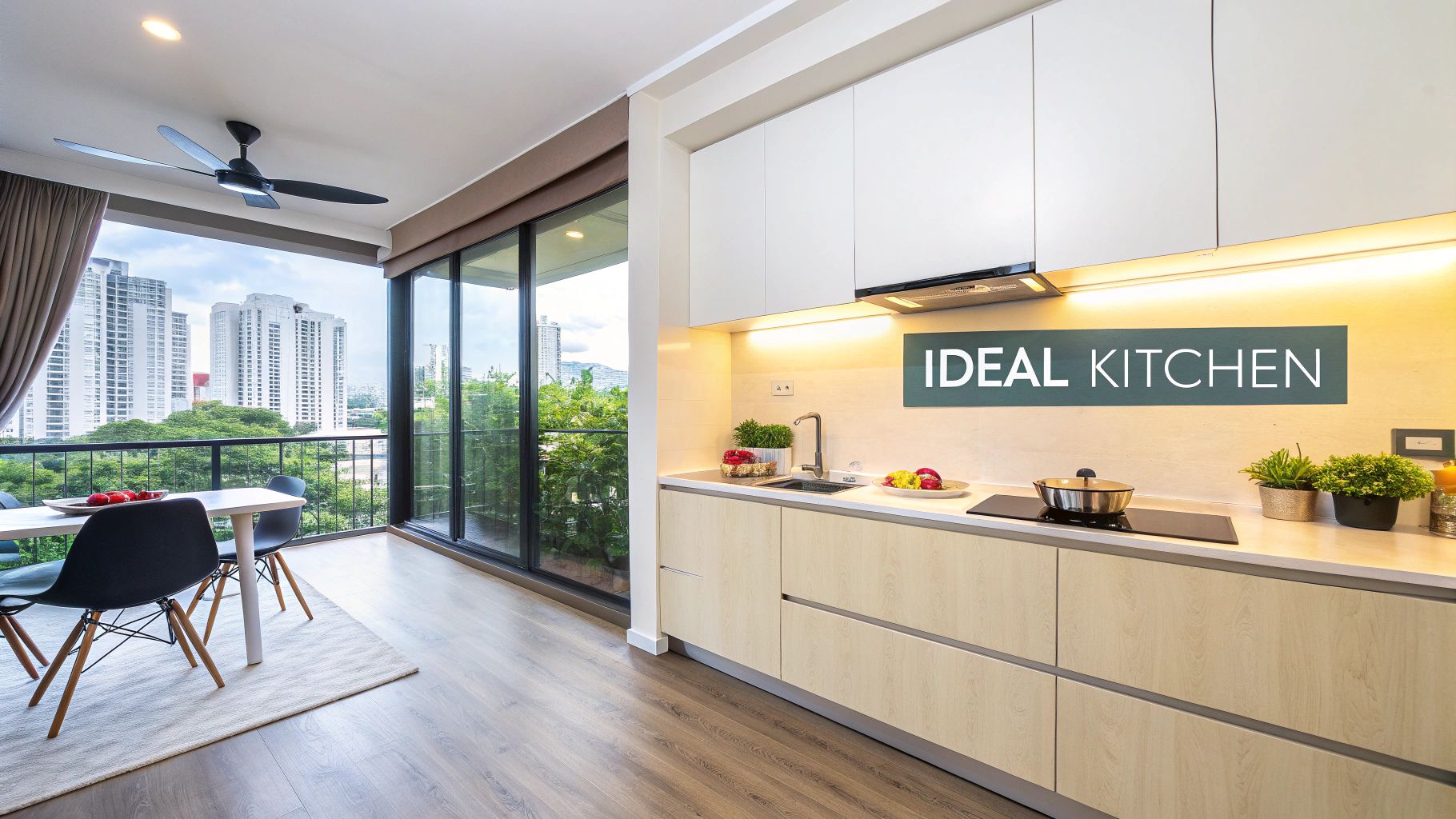 A modern and clean kitchen design with sleek white cabinets and wooden accents.