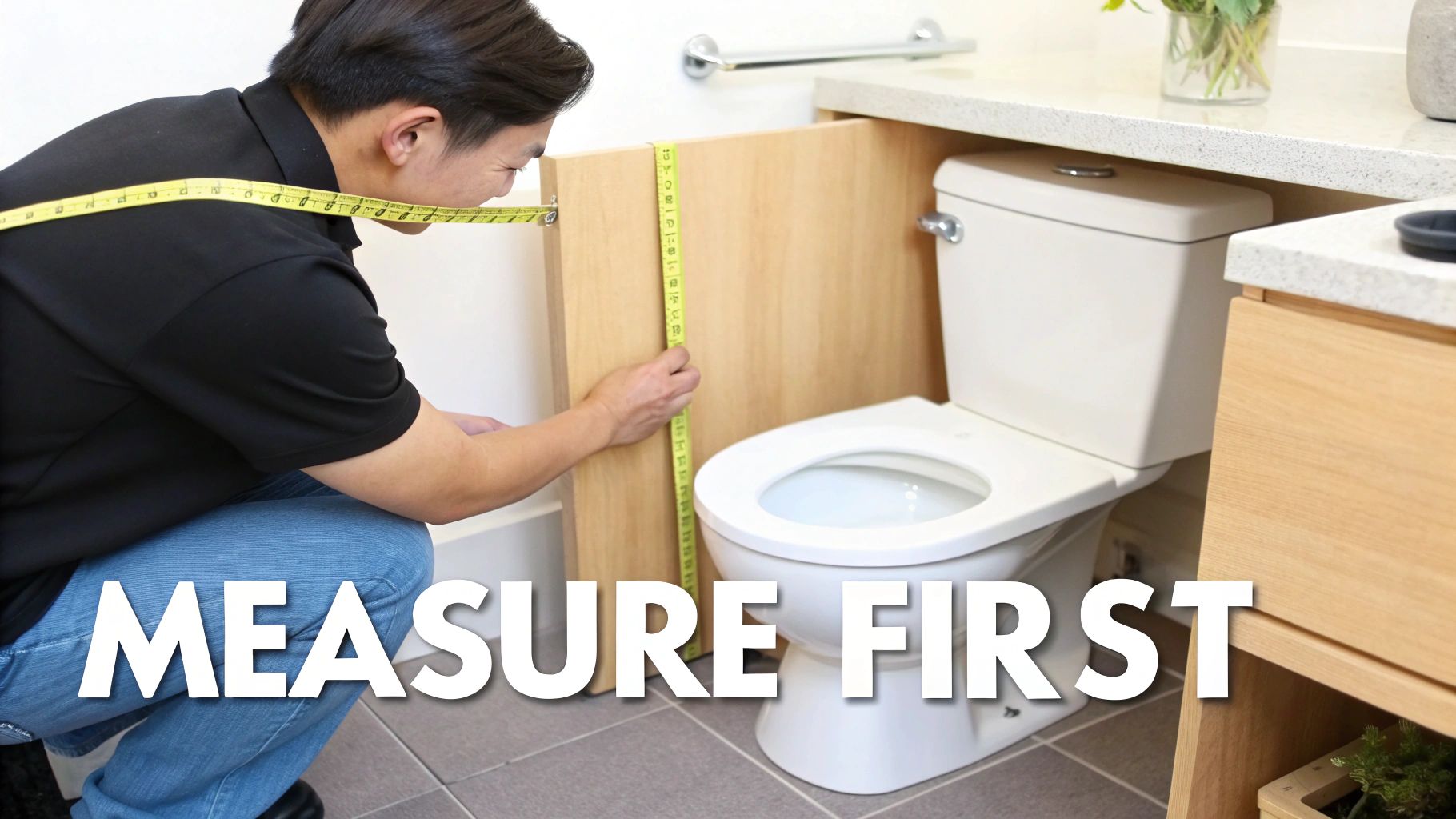 A person measures a wooden cabinet panel next to a toilet, emphasizing the importance of measuring first.