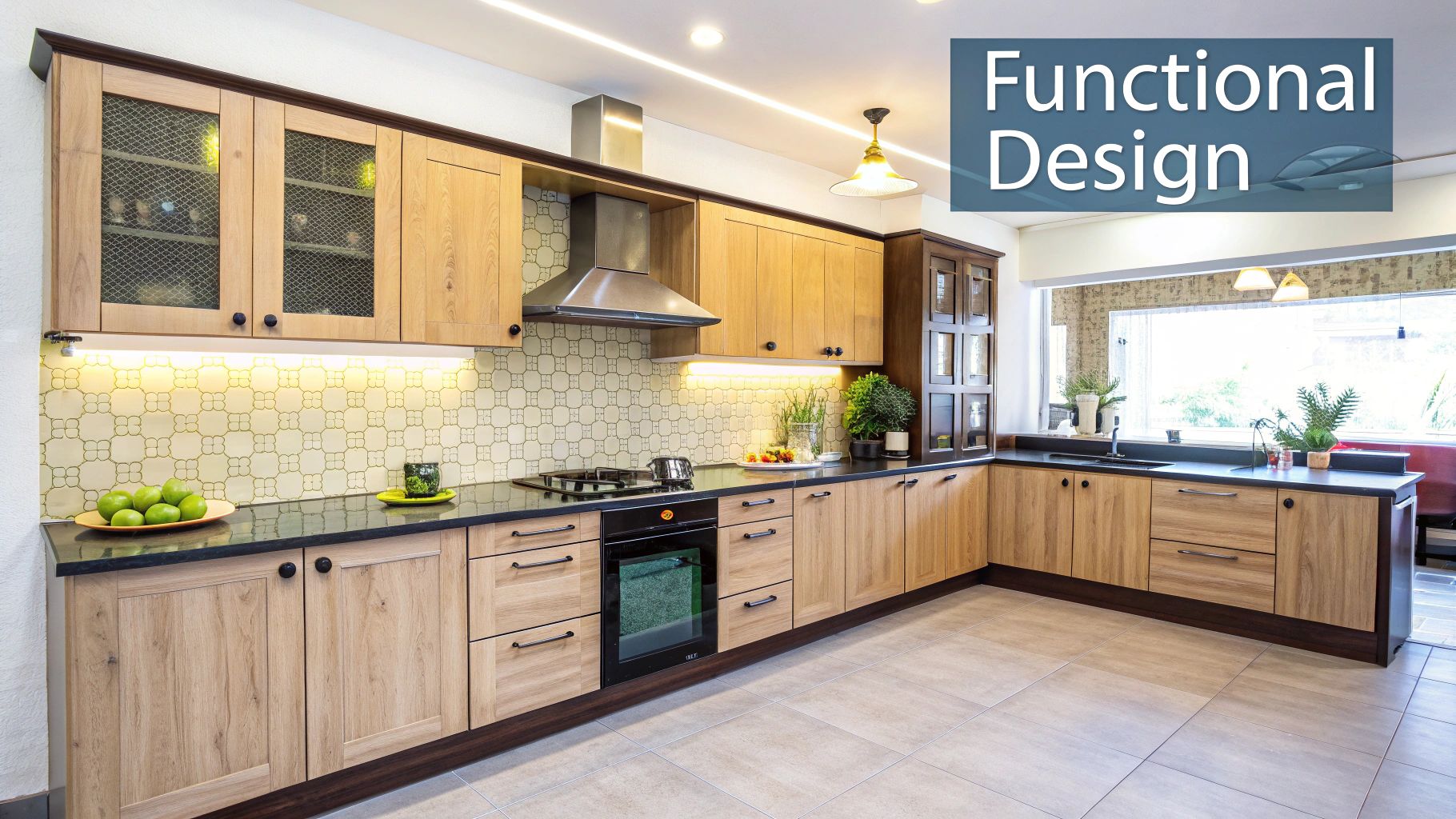 Modern kitchen with light wood cabinets, dark countertops, patterned backsplash, and appliances.