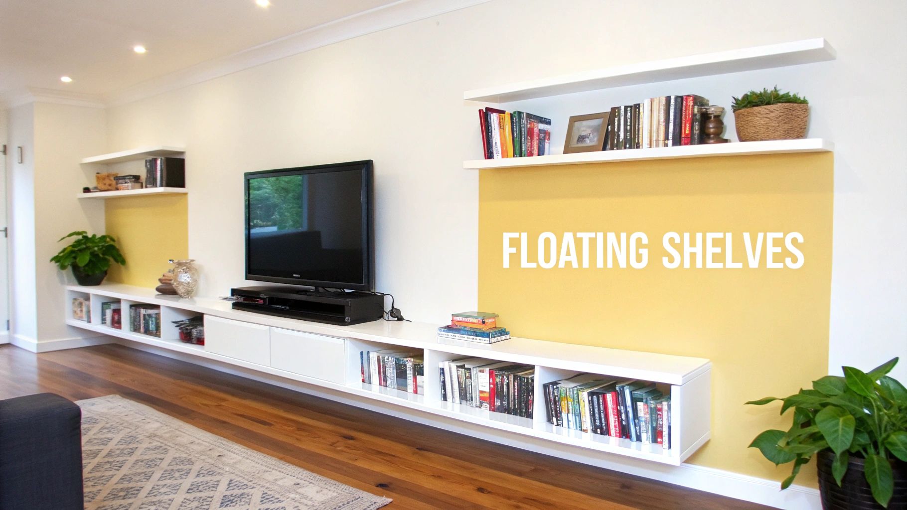 The Minimalist's Choice: Floating Shelving with Integrated TV Mount