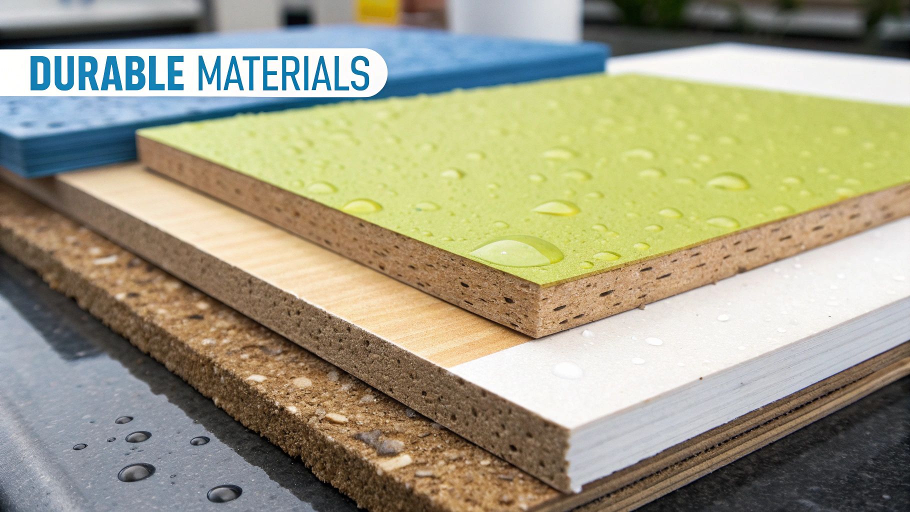 Close-up of a stack of various durable, water-resistant building materials with water droplets on top.