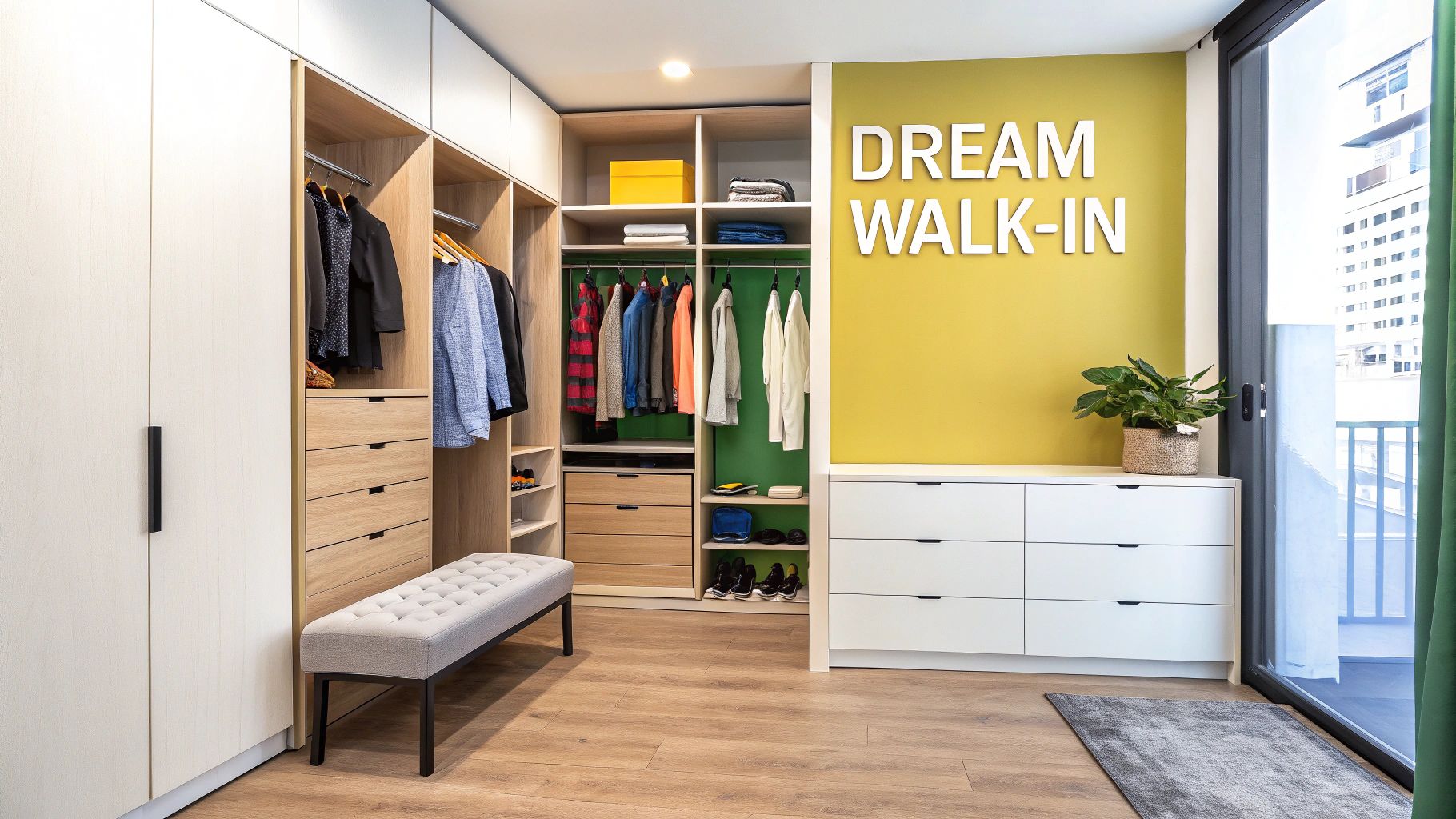 A modern, organized walk-in wardrobe with light wood, white storage, a green accent wall, and a grey bench.