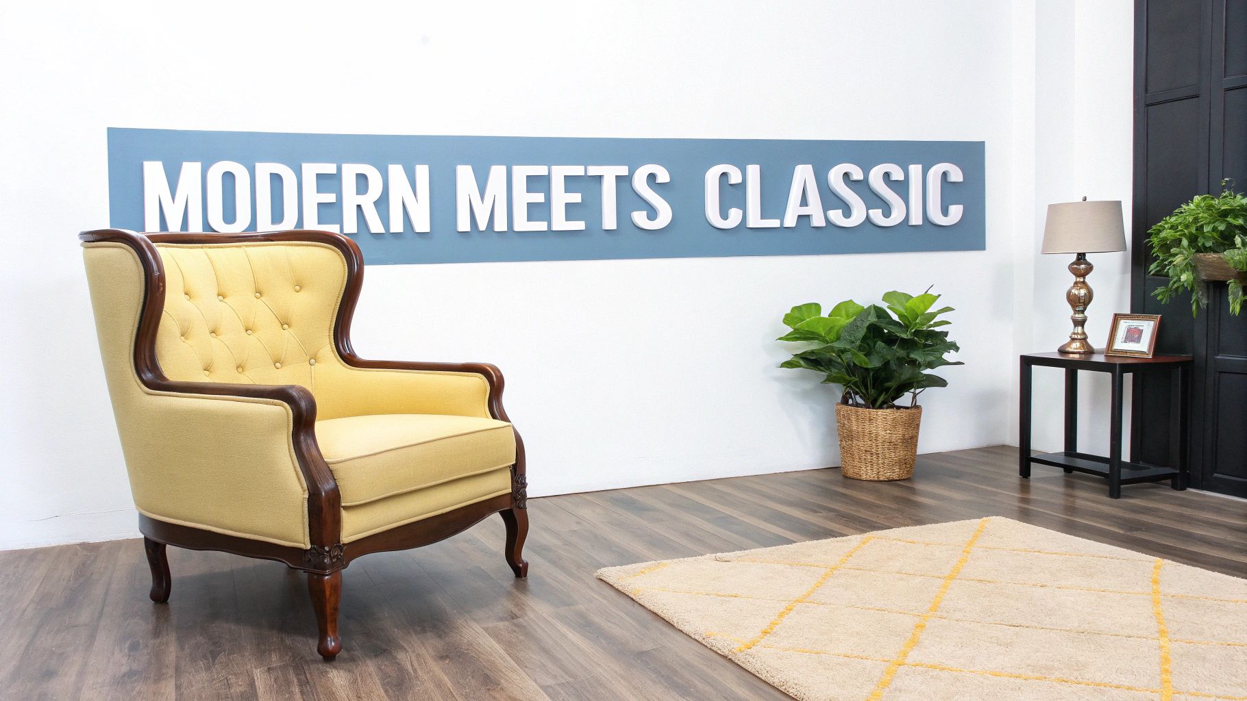 A vintage yellow tufted armchair, indoor plant, and side table with lamp next to a 'MODERN MEETS CLASSIC' sign.