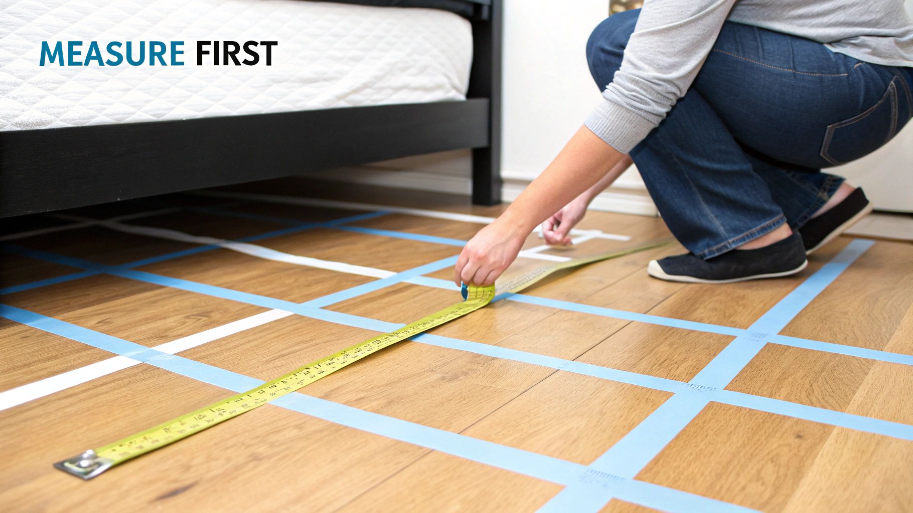 A person using a measuring tape to measure the floor space in a modern Singaporean bedroom, planning the layout for a new platform bed.