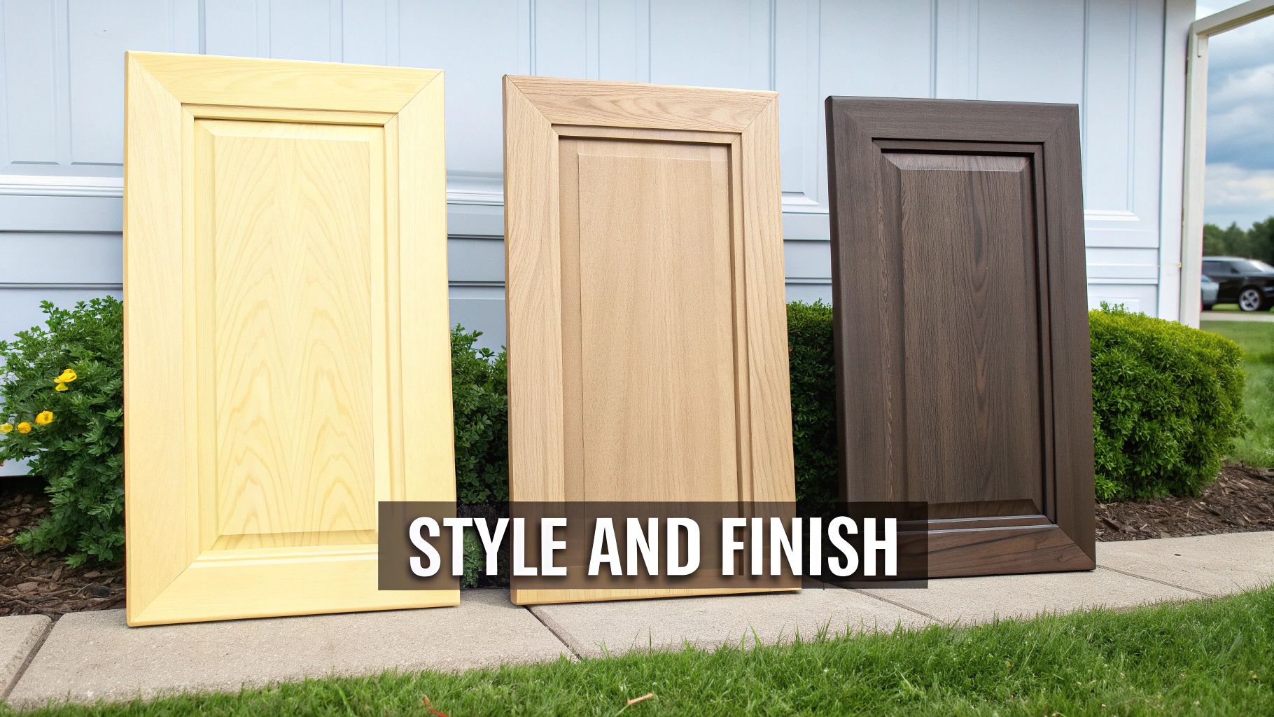 Three wood kitchen cabinet doors displaying various styles and finishes against a house.