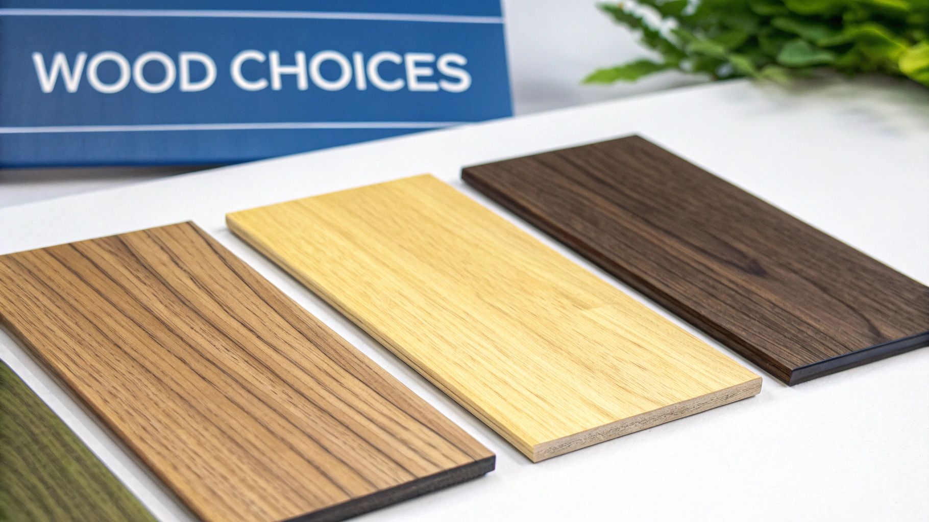 Various wood samples in light, medium, and dark tones for cabinet and flooring choices.