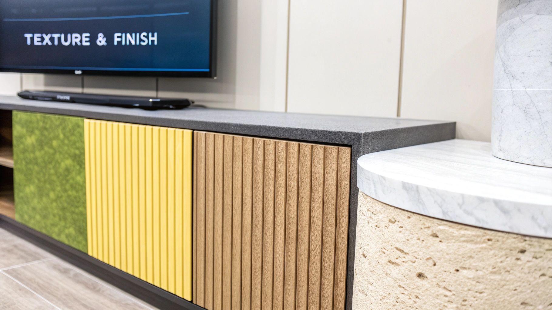 Contemporary TV console with varied texture panels and a marble-topped side table, displaying 'Texture & Finish'.
