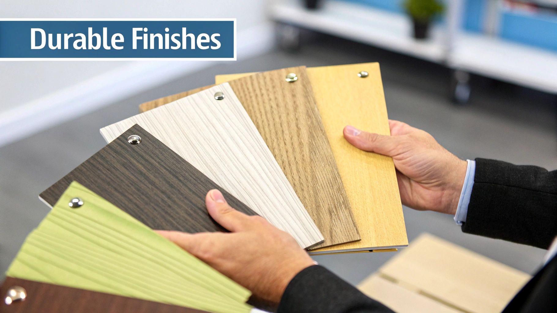 A person holds a fan of various durable wood finish samples in different colors and textures for design.