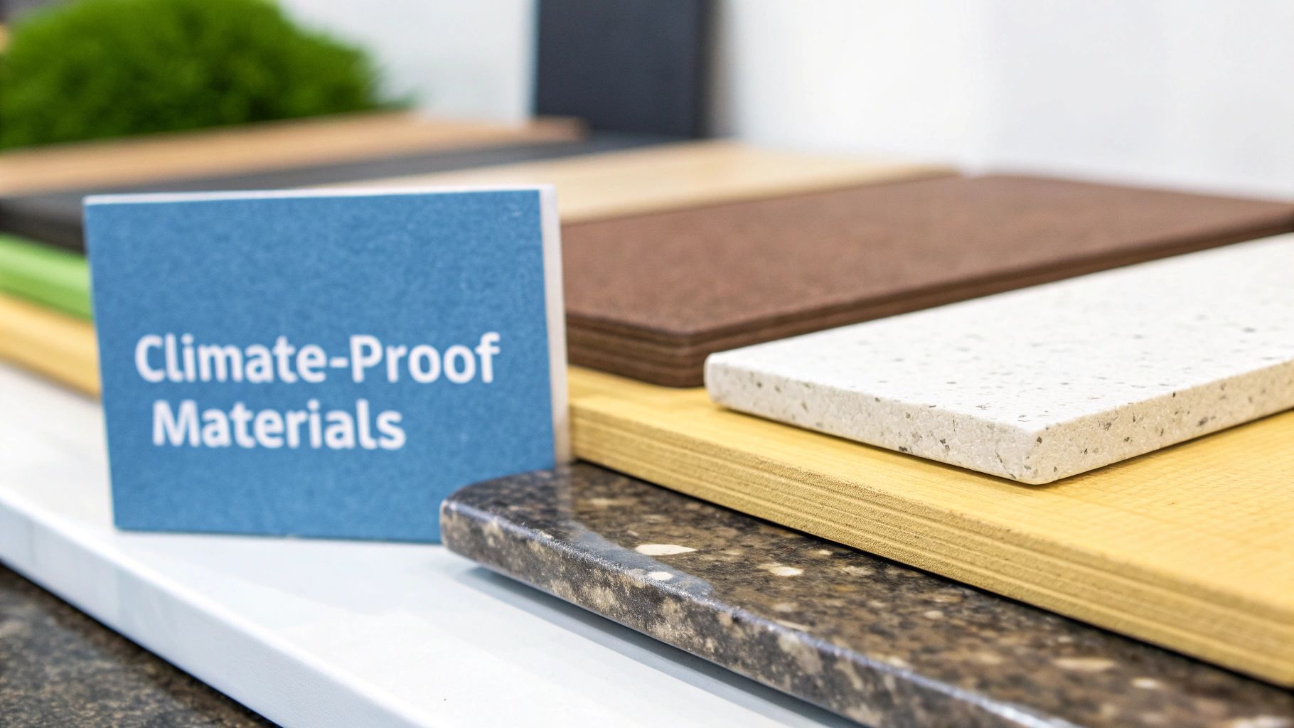 Close-up of various climate-proof material samples for kitchen cabinets, including speckled white, wood, and granite.