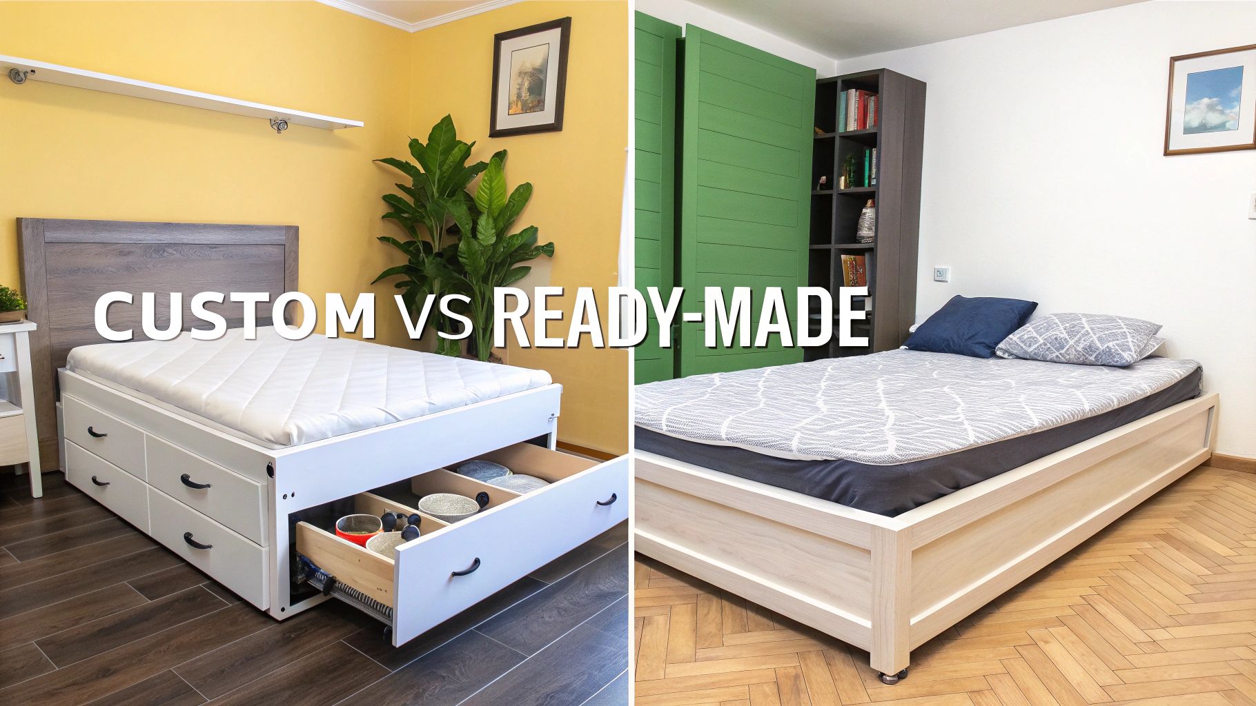 A split image showing a generic, off-the-shelf platform bed on one side and a perfectly integrated, custom-built platform bed with storage in a Singaporean condo on the other.