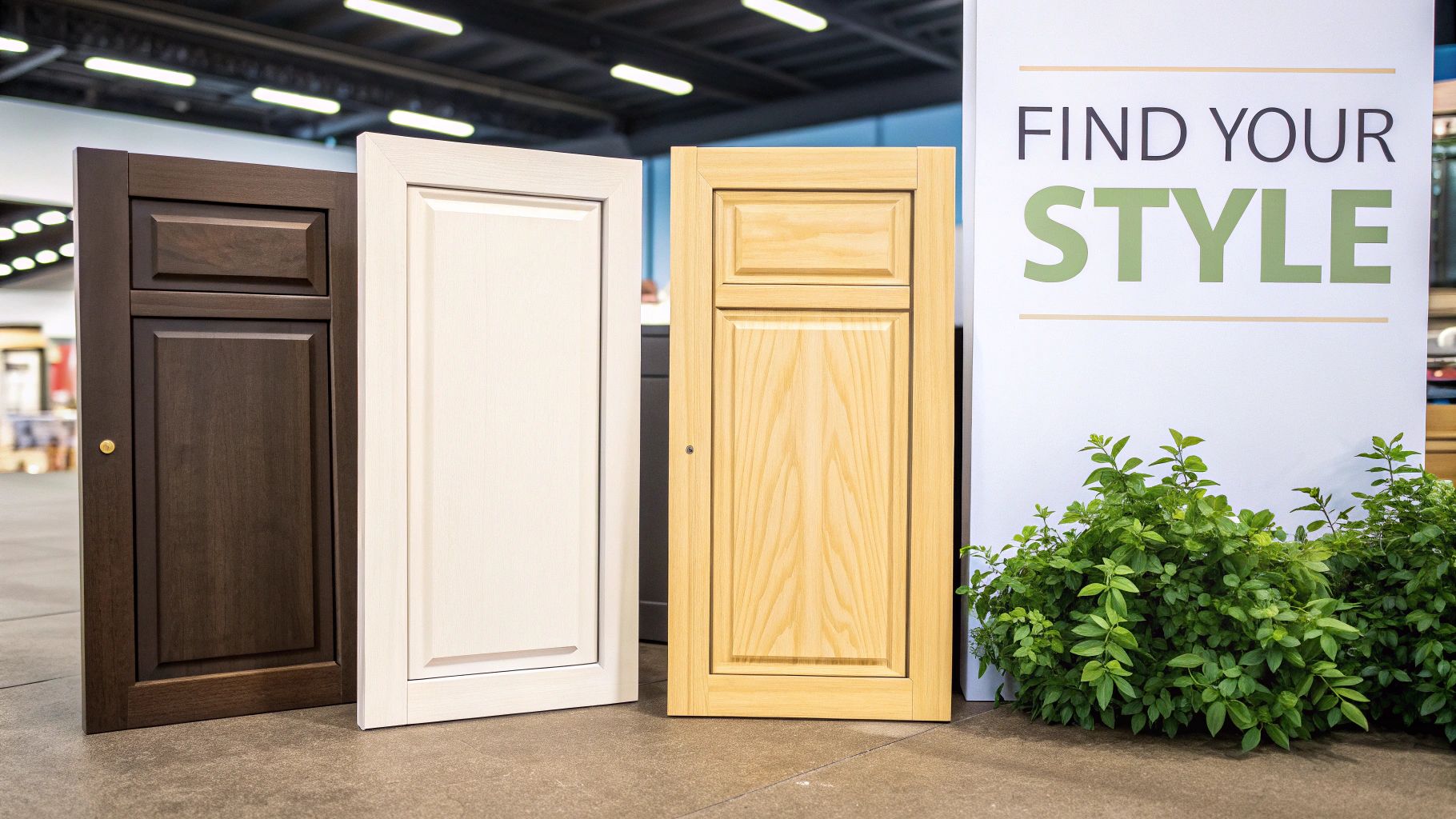 Three distinct cabinet doors: dark brown, off-white, and natural wood, next to a 'Find Your Style' sign.
