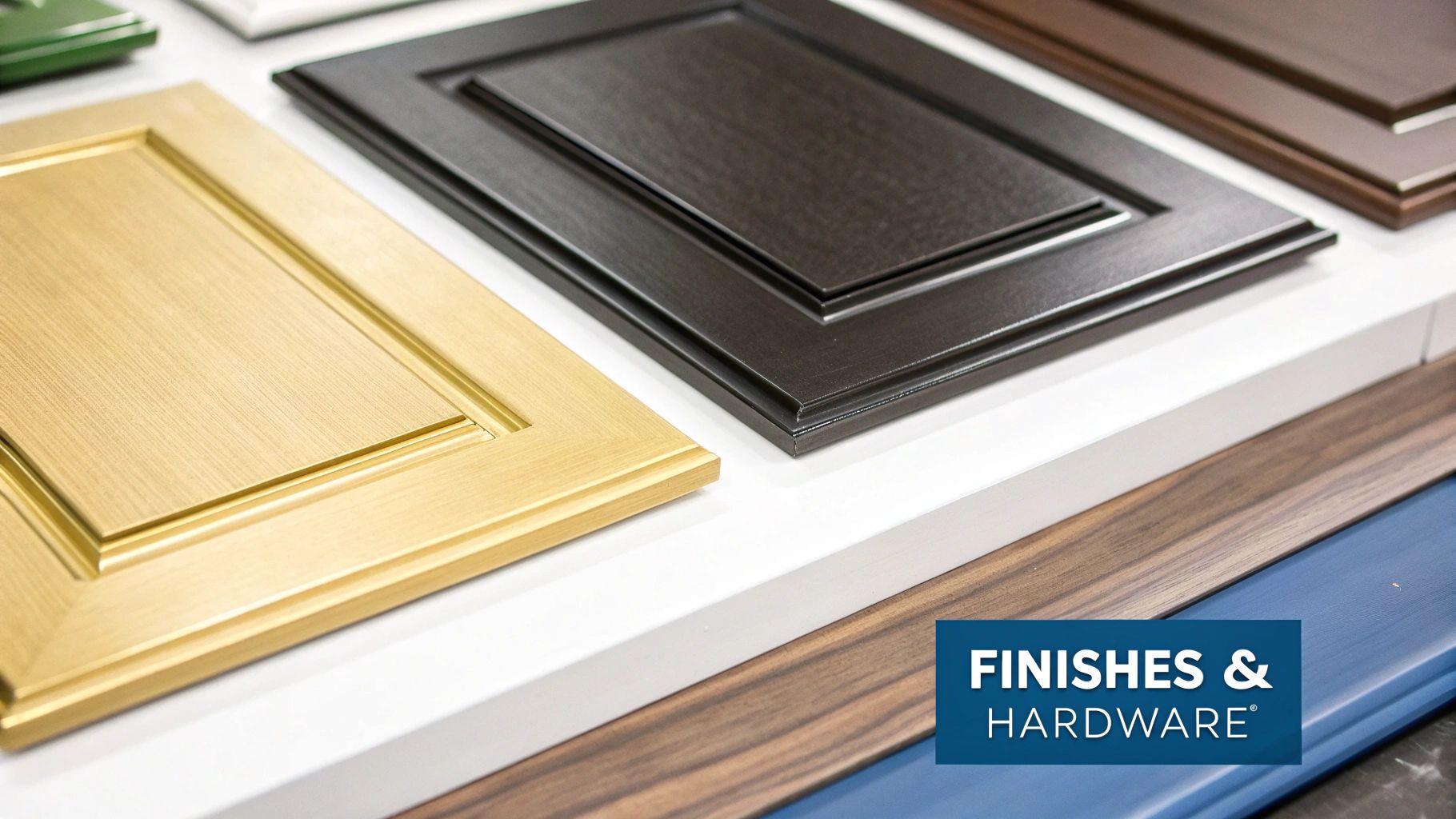 Close-up of various kitchen cabinet door samples in different finishes, including gold, dark brown, wood grain, and blue.