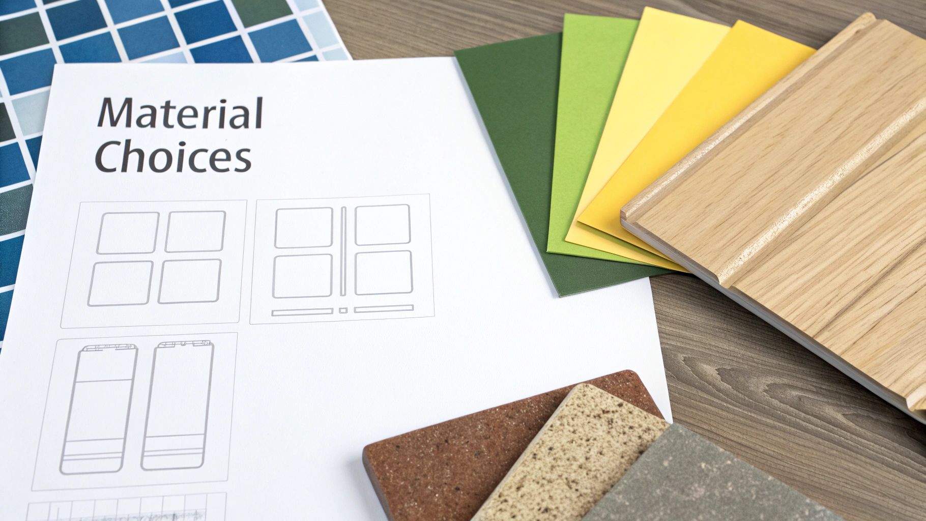 Assortment of material samples including wood, stone, and color swatches with a 'Material Choices' document.