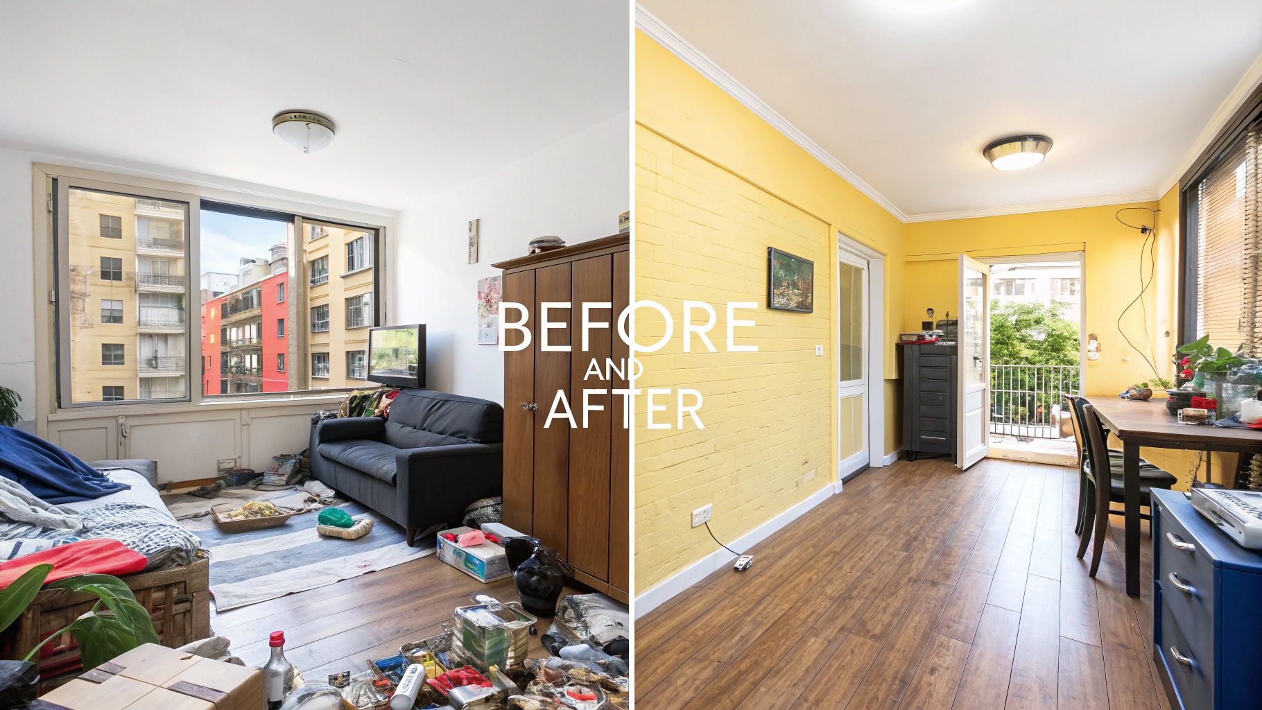 Before and after of a room renovation, showing a modern, clean, yellow-painted living space.