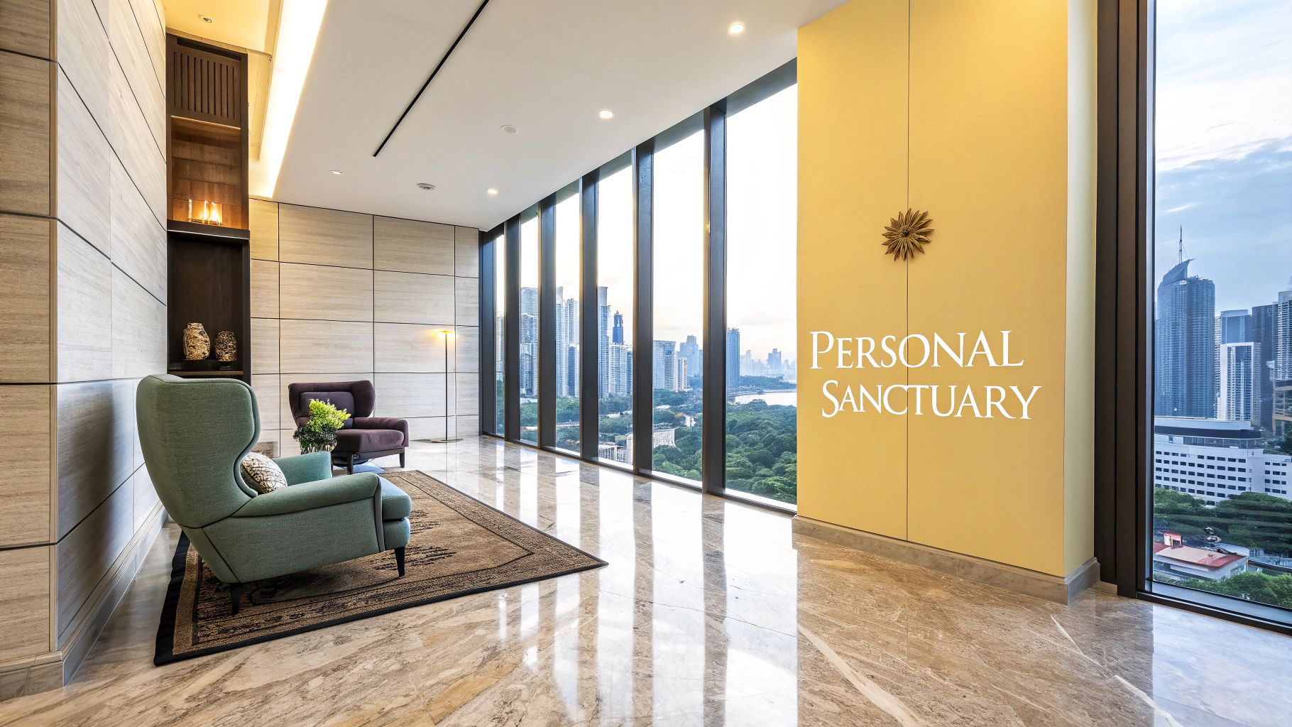 A modern luxury lounge with comfortable armchairs, a polished marble floor, and expansive city views.