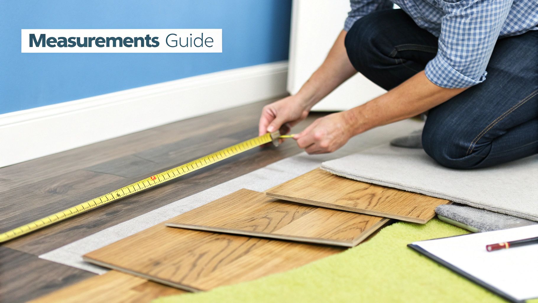 Person measuring a floor with a tape measure, surrounded by wood flooring samples for a guide.
