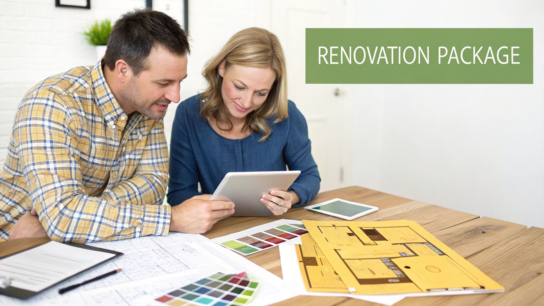 A couple discusses renovation plans using a tablet, surrounded by architectural drawings and color samples.
