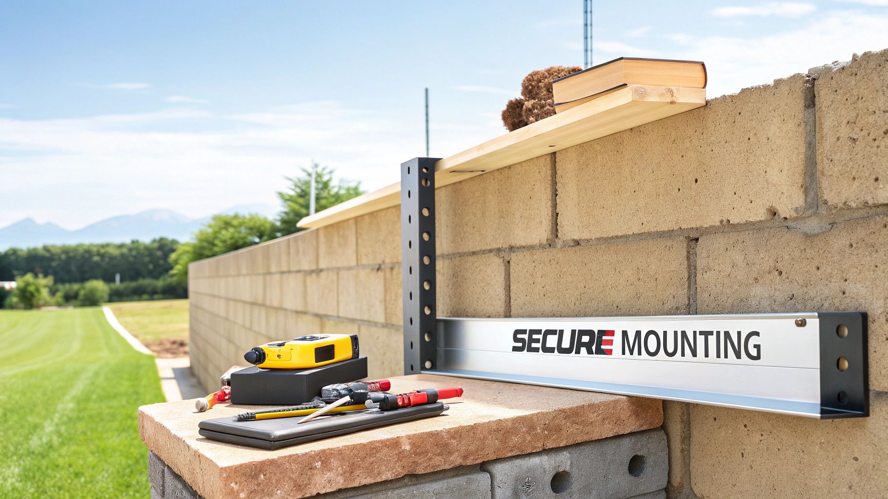 Outdoor scene with a brick wall, metal shelves, construction tools, and a sign that says SECURE MOUNTING.