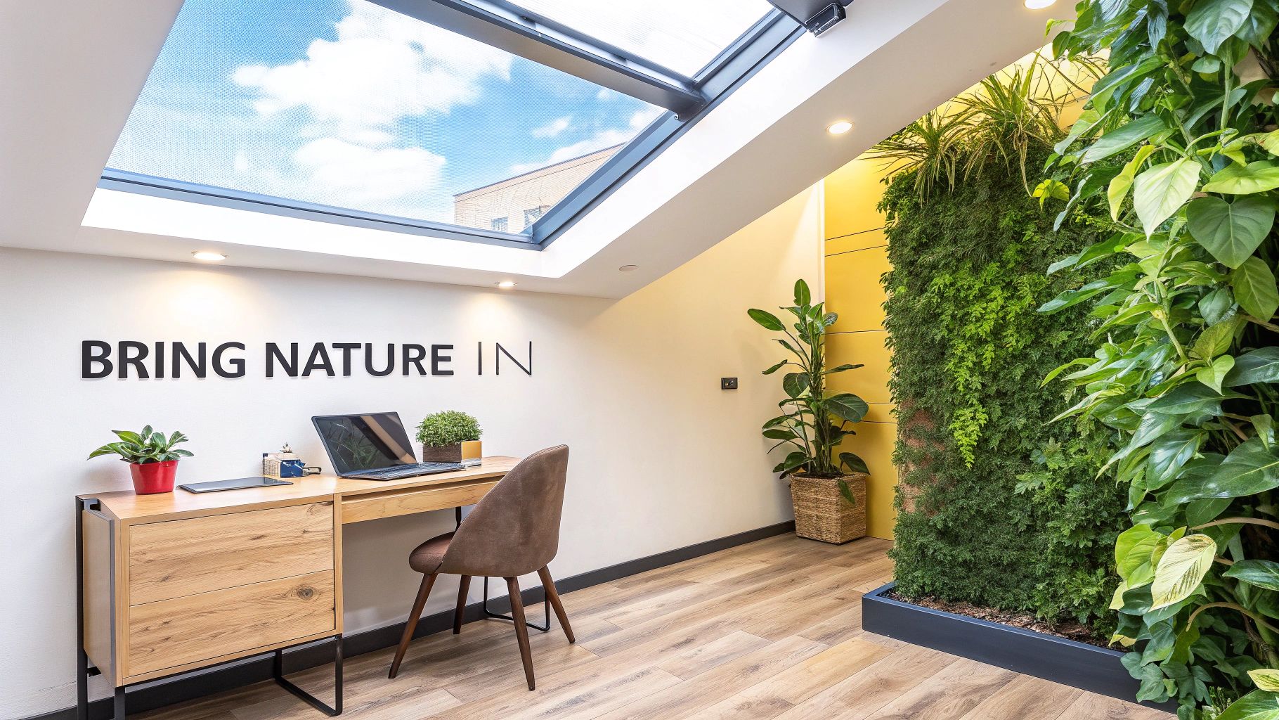 A bright home office with a large skylight, a wooden desk, and a prominent green living wall.