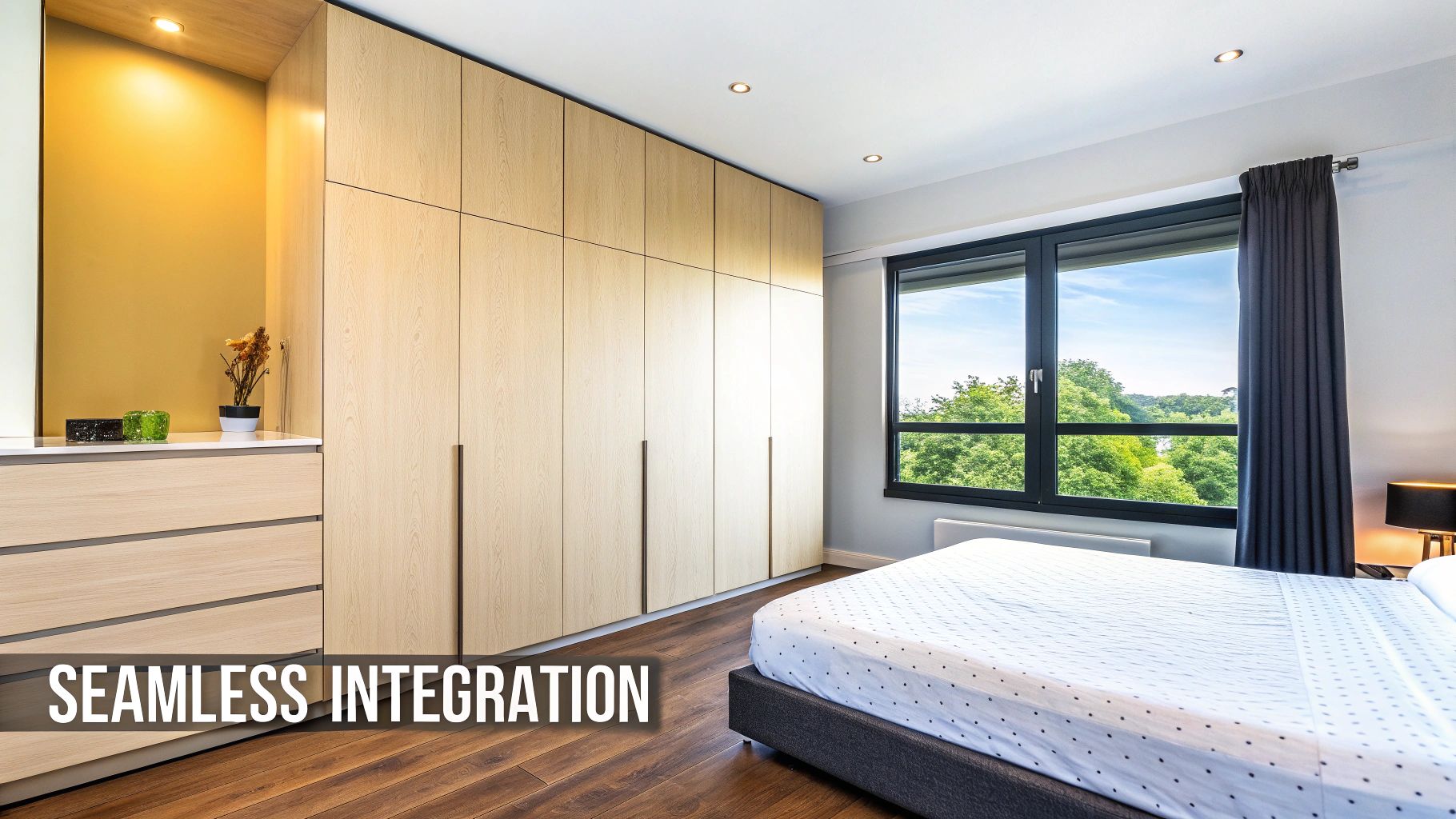 Modern bedroom with light wood built-in wardrobes, matching dresser, a bed, and a large window overlooking trees.