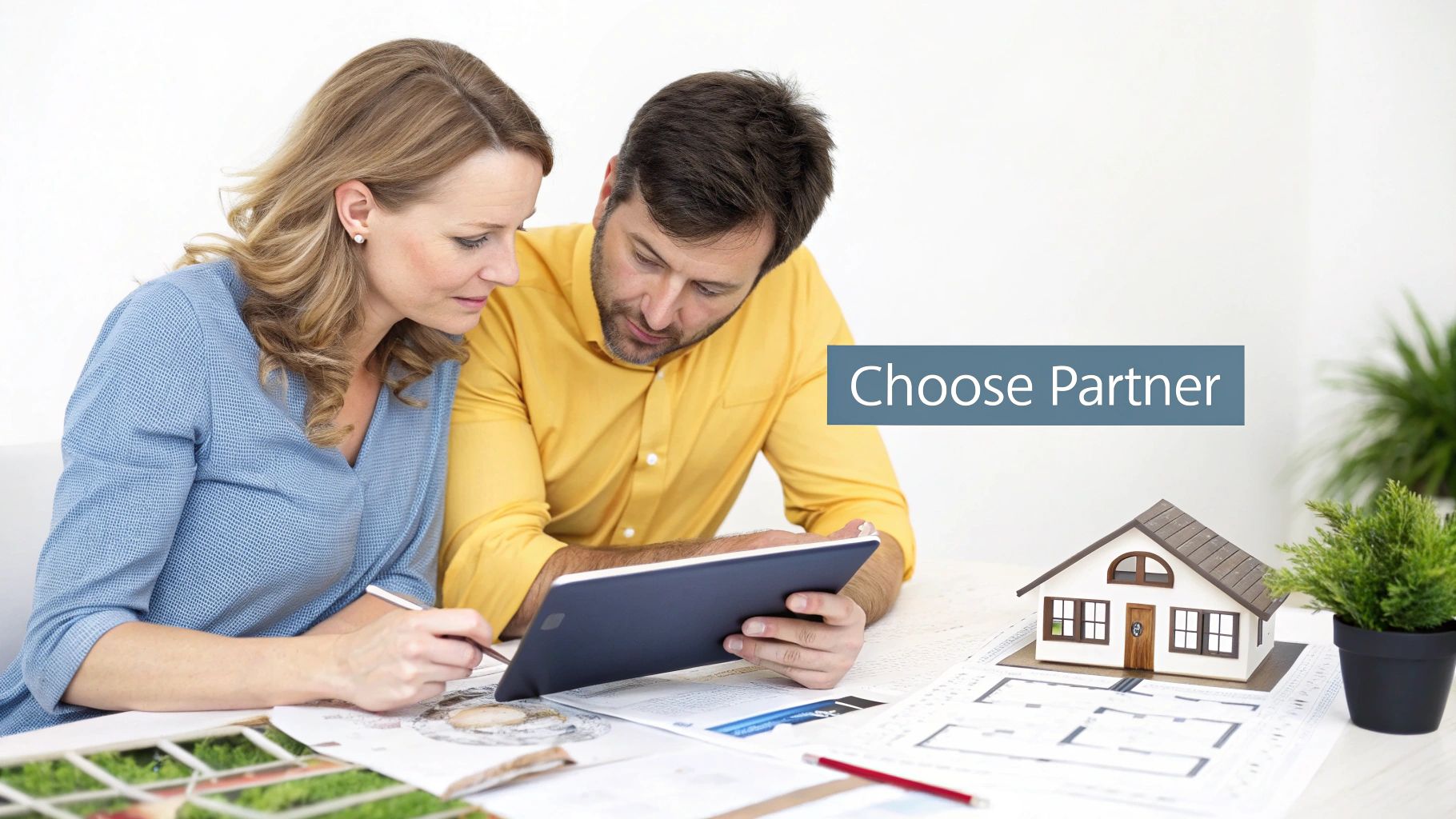 A couple looks at a tablet and house plans, next to a model home, discussing future home.