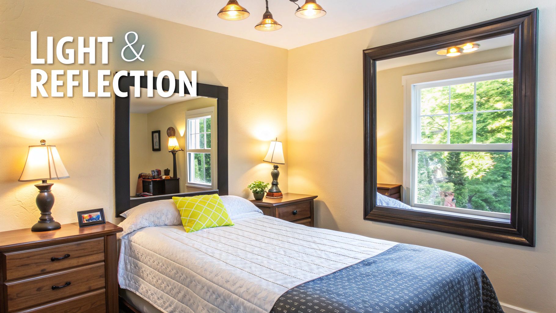 A cozy bedroom with a bed, two nightstands, lamps, and large mirrors reflecting light and nature.