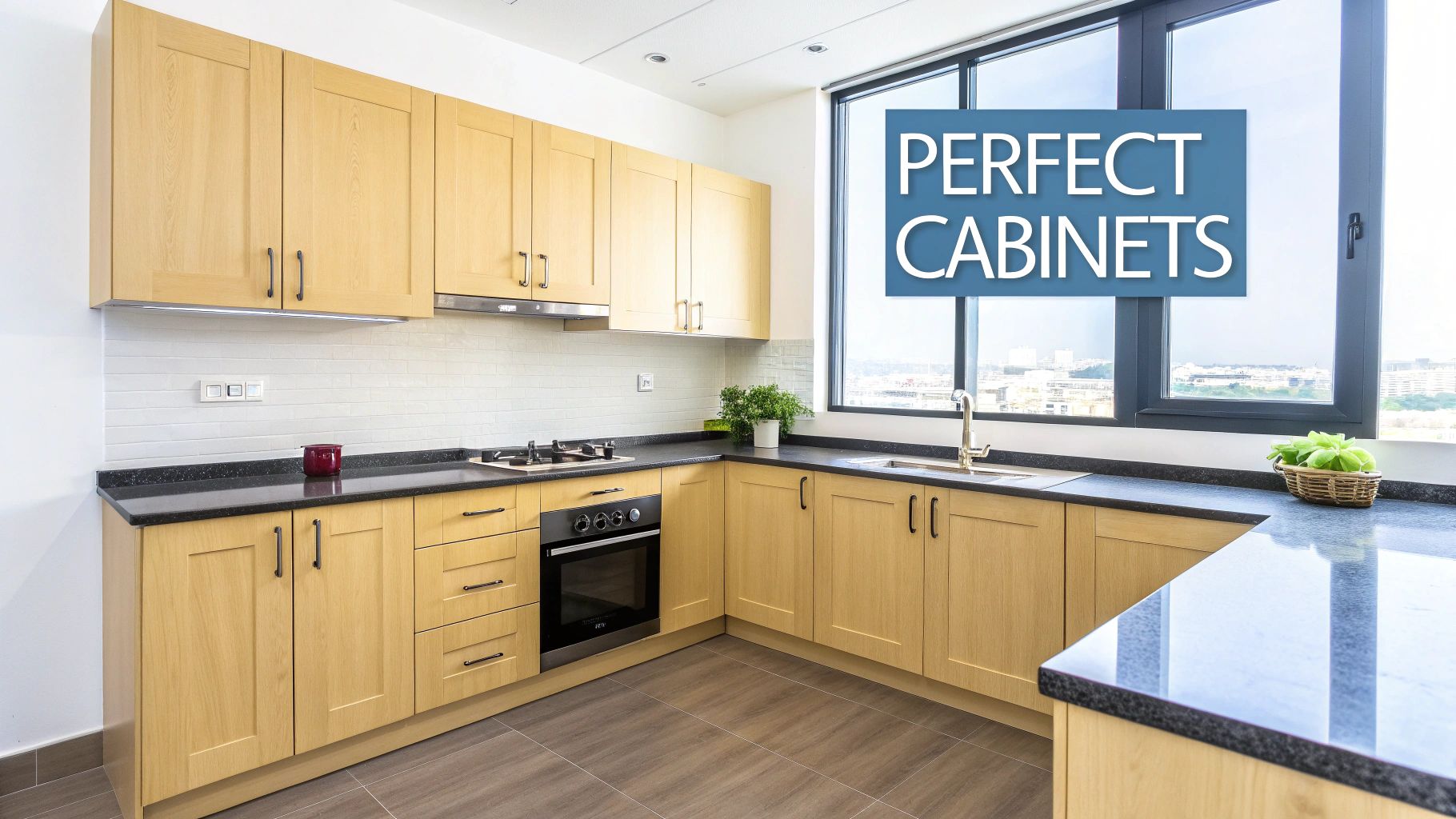 A modern and warm kitchen featuring light-coloured wooden kitchen cabinets and a central island with a sleek countertop.