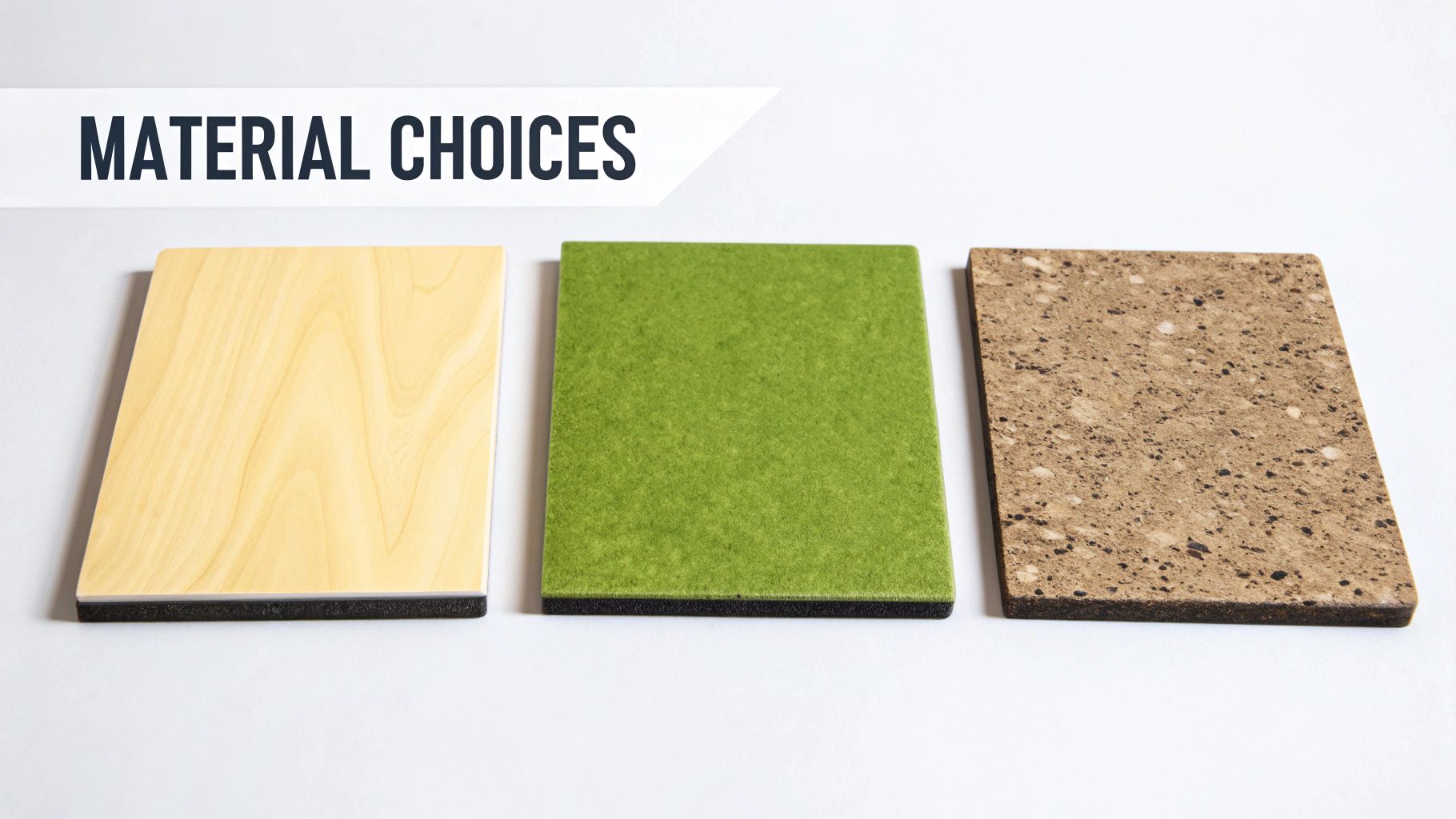 Three distinct material samples: light wood, green recycled felt, and speckled cork board.