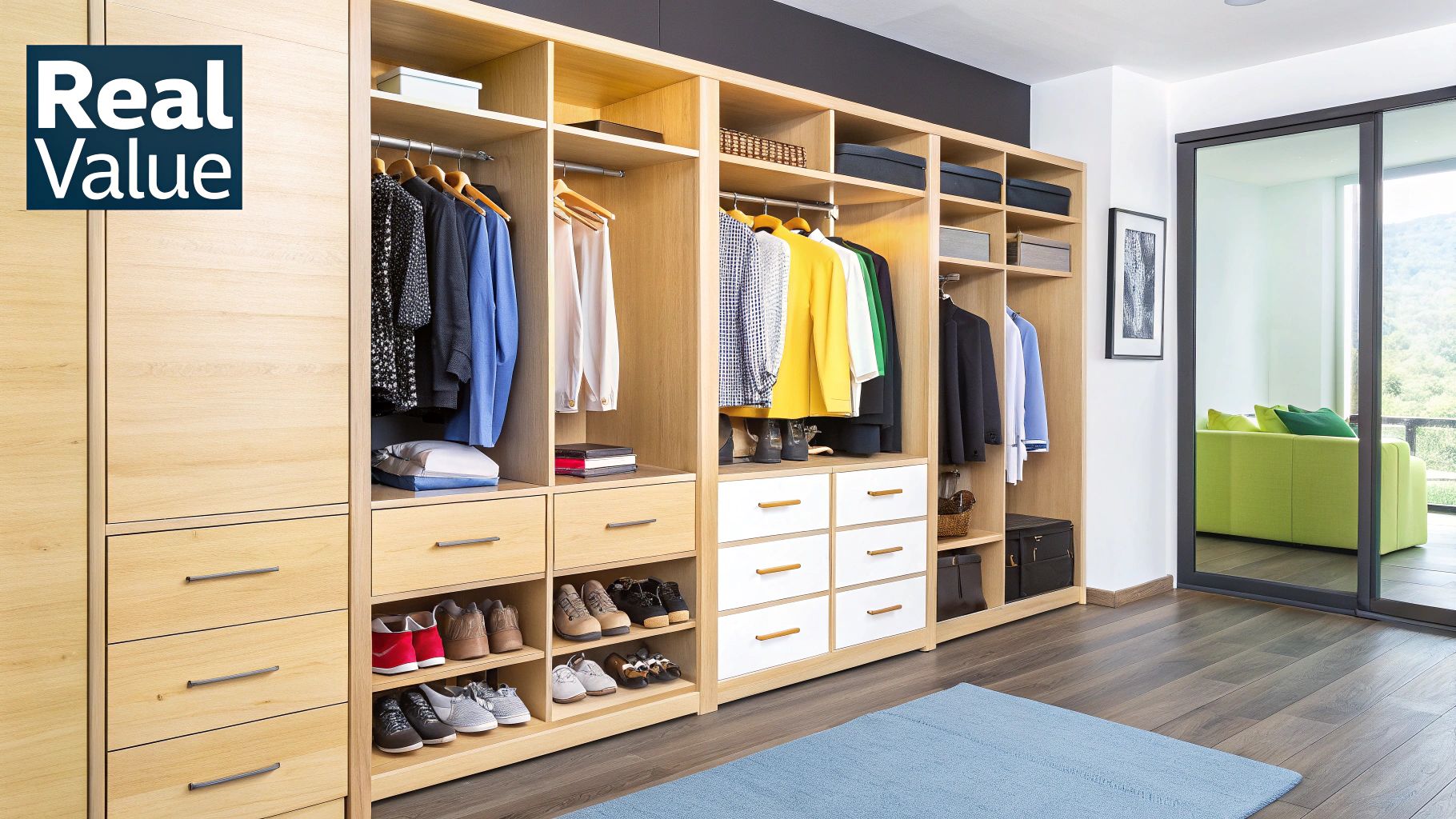A well-organised built in wardrobe with sections for different types of clothing, shoes, and accessories.