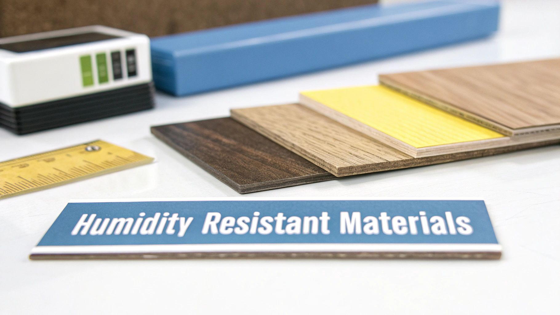 Various samples of humidity-resistant materials, including wood planks and a yellow panel, with a 'Humidity Resistant Materials' sign.