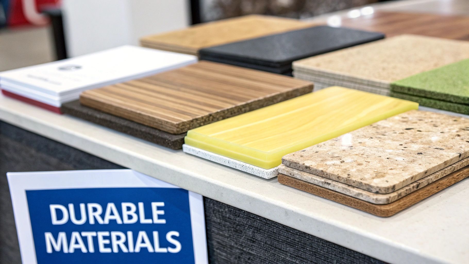 A close-up of a kitchen countertop showing the texture and finish of the material, with modern cabinet doors in the background.