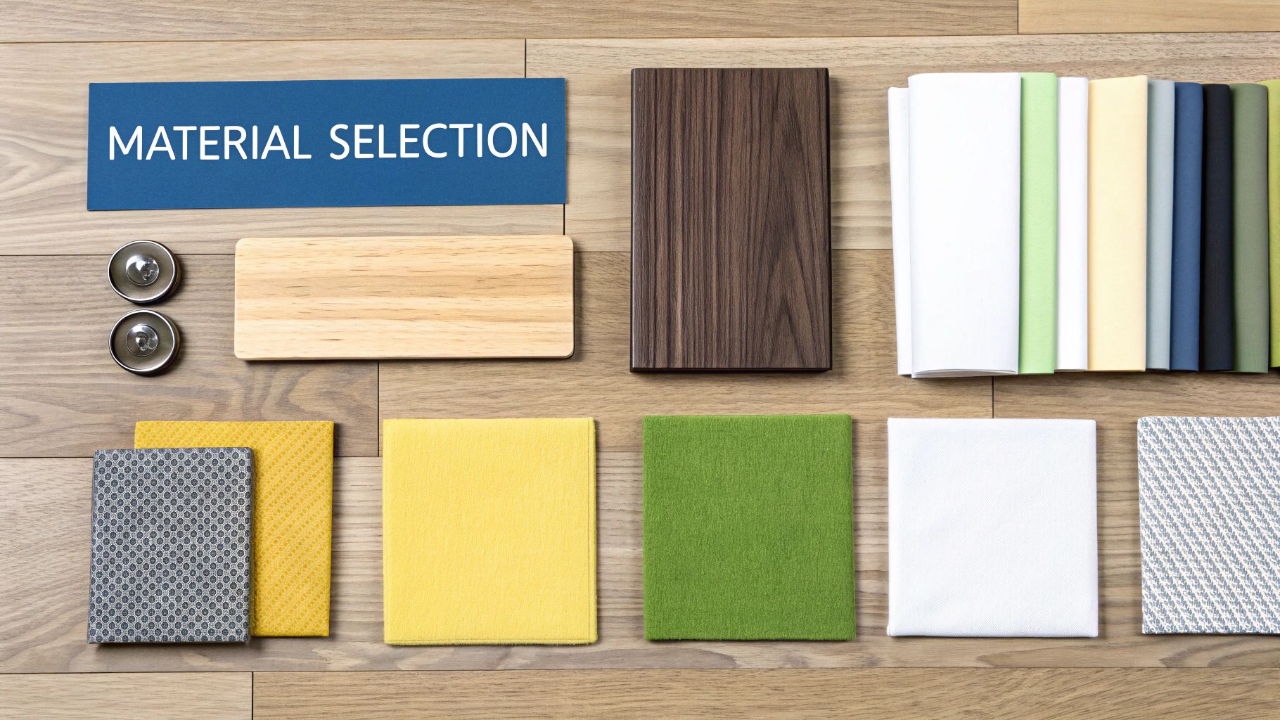 A top-down view of various material samples for selection, including wood, fabrics, and paper swatches, on a wooden floor.