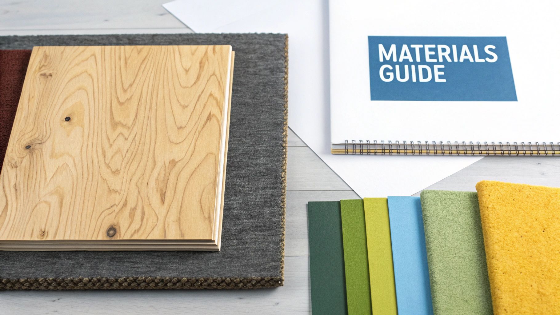 A close-up of different material swatches—solid wood, engineered wood, and fabric—laid out for a custom platform bed design, with a modern Singaporean bedroom in the blurred background.