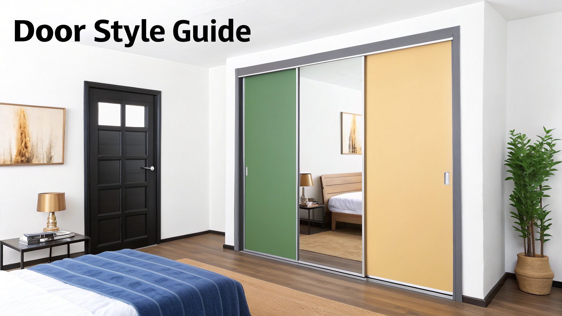 A room with a black paneled door and modern sliding wardrobe doors in green, yellow, and mirror panels.