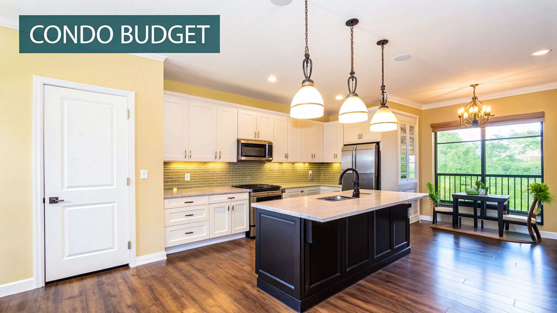 A modern condo kitchen with white cabinets, a dark island, and a dining area by a window.