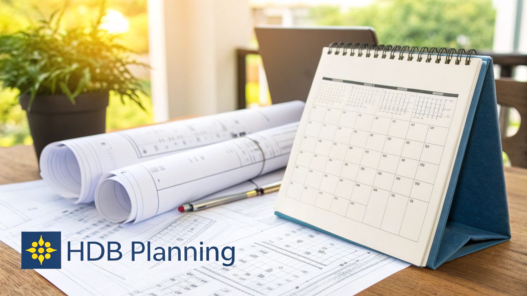 A calendar and blueprints laid out on a table, signifying renovation planning and scheduling.