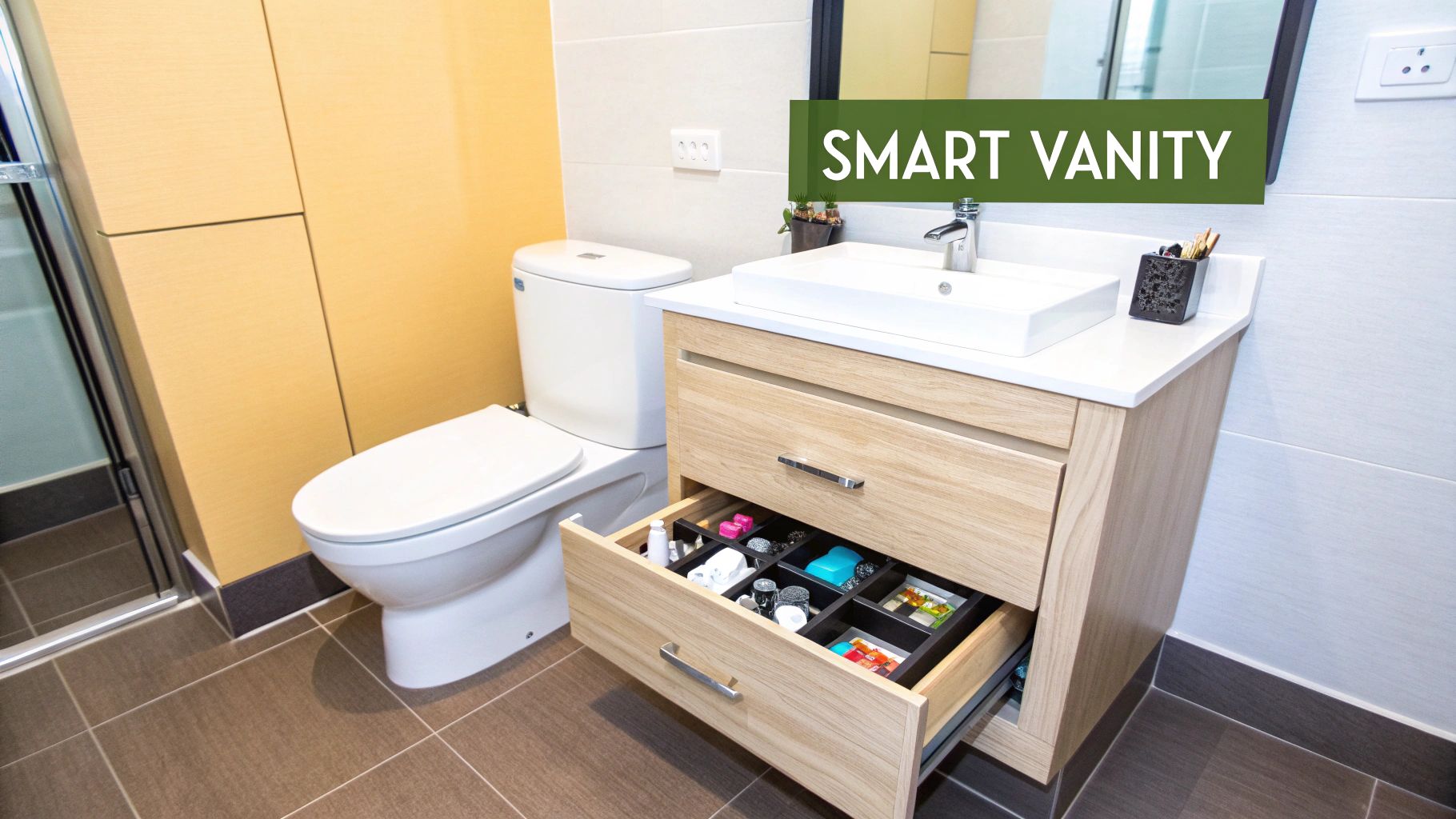 Modern bathroom featuring a white toilet, light wood vanity with an organized open drawer, and sink.